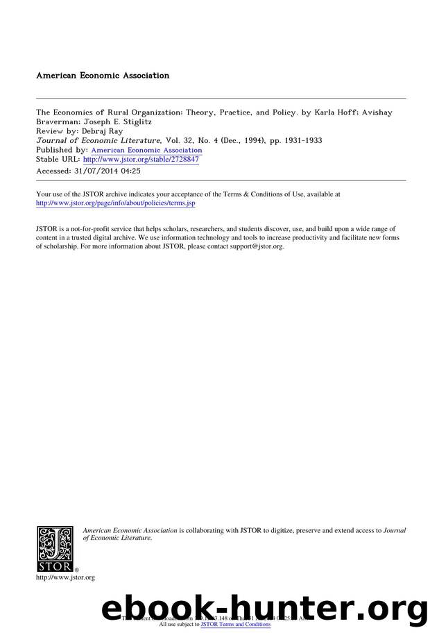 The Economics of Rural Organization: Theory, Practice, and Policy. by Karla Hoff; Avishay Braverman; Joseph E. Stiglitz by unknow