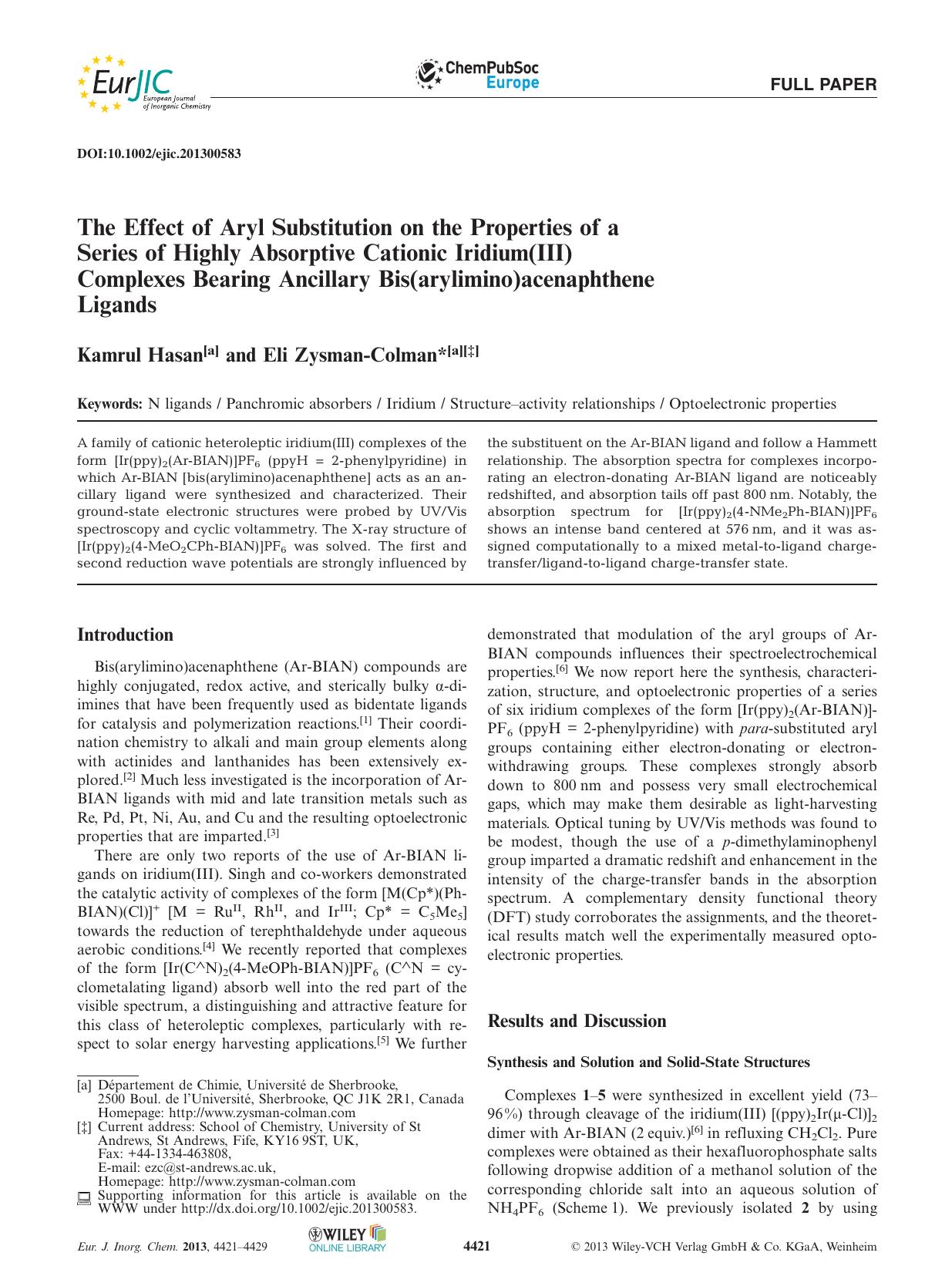 The Effect of Aryl Substitution on the Properties of a Series of Highly Absorptive Cationic Iridium(III) Complexes Bearing Ancillary Bis(arylimino)acenaphthene Ligands by Unknown