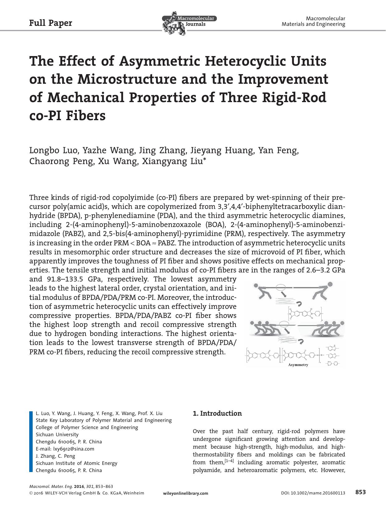 The Effect of Asymmetric Heterocyclic Units on the Microstructure and the Improvement of Mechanical Properties of Three Rigid‐Rod co‐PI Fibers by Unknown