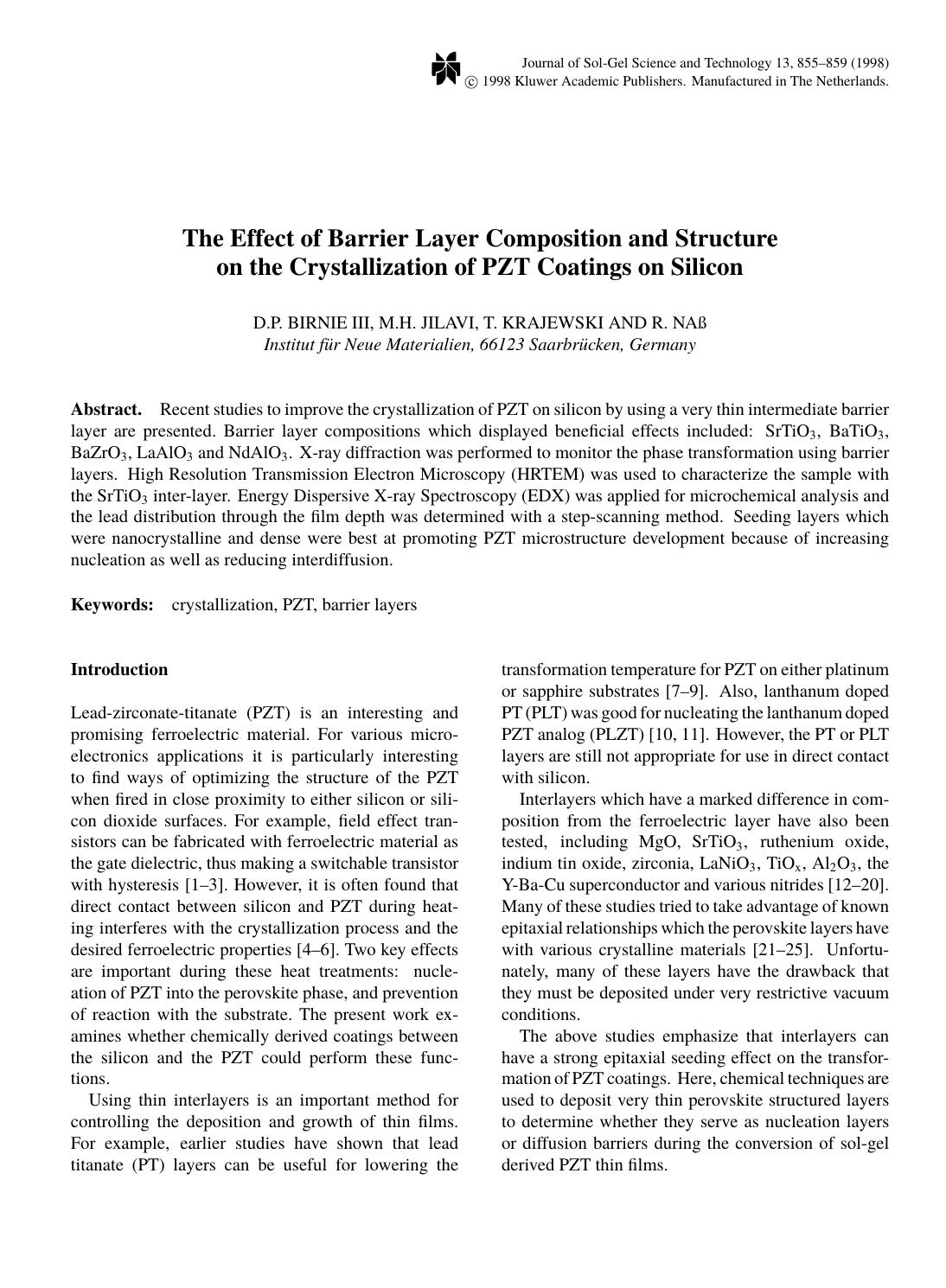 The Effect of Barrier Layer Composition and Structure on the Crystallization of PZT Coatings on Silicon by Unknown