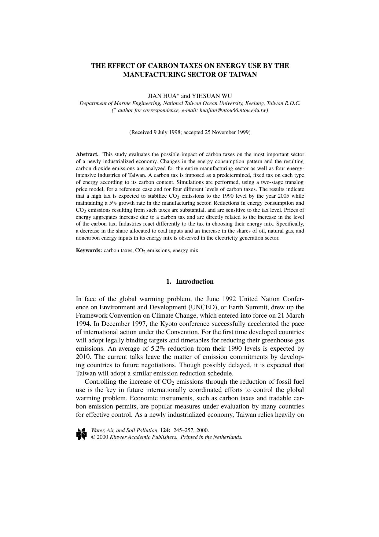 The Effect of Carbon Taxes on Energy Use by the Manufacturing Sector of Taiwan by Unknown