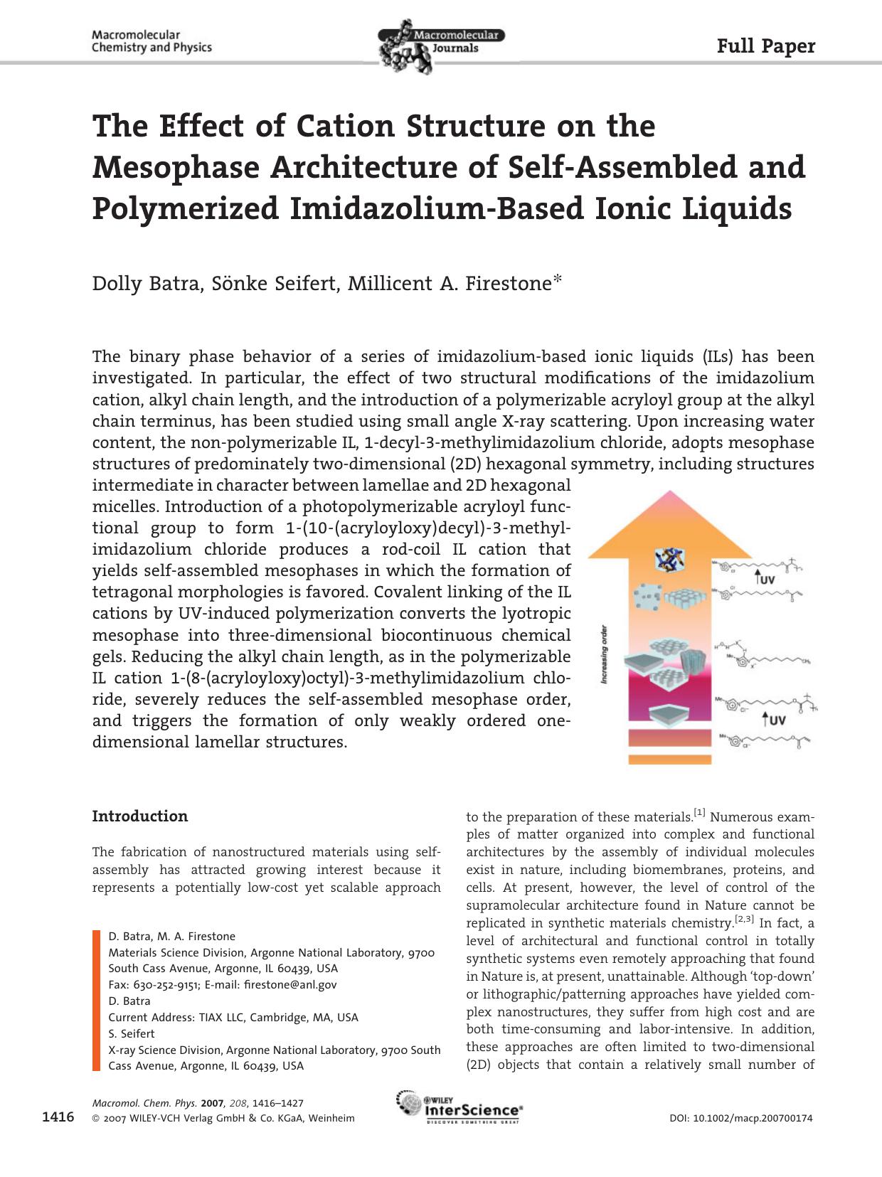 The Effect of Cation Structure on the Mesophase Architecture of Self-Assembled and Polymerized Imidazolium-Based Ionic Liquids by Unknown