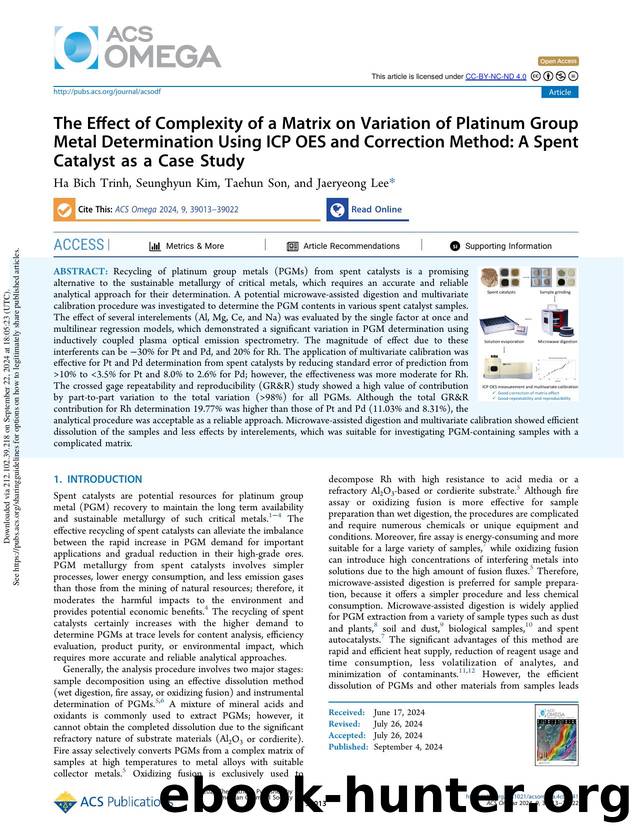 The Effect of Complexity of a Matrix on Variation of Platinum Group Metal Determination Using ICP OES and Correction Method: A Spent Catalyst as a Case Study by Ha Bich Trinh Seunghyun Kim Taehun Son & Jaeryeong Lee