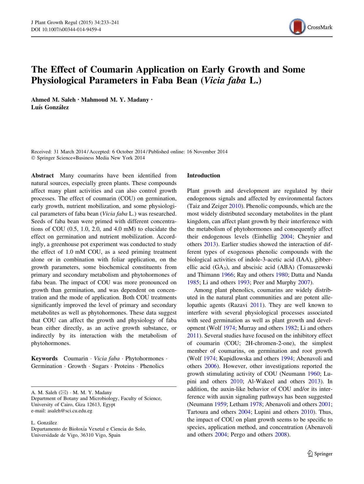 The Effect of Coumarin Application on Early Growth and Some Physiological Parameters in Faba Bean (Vicia faba L.) by Ahmed M. Saleh & Mahmoud M. Y. Madany & Luís González