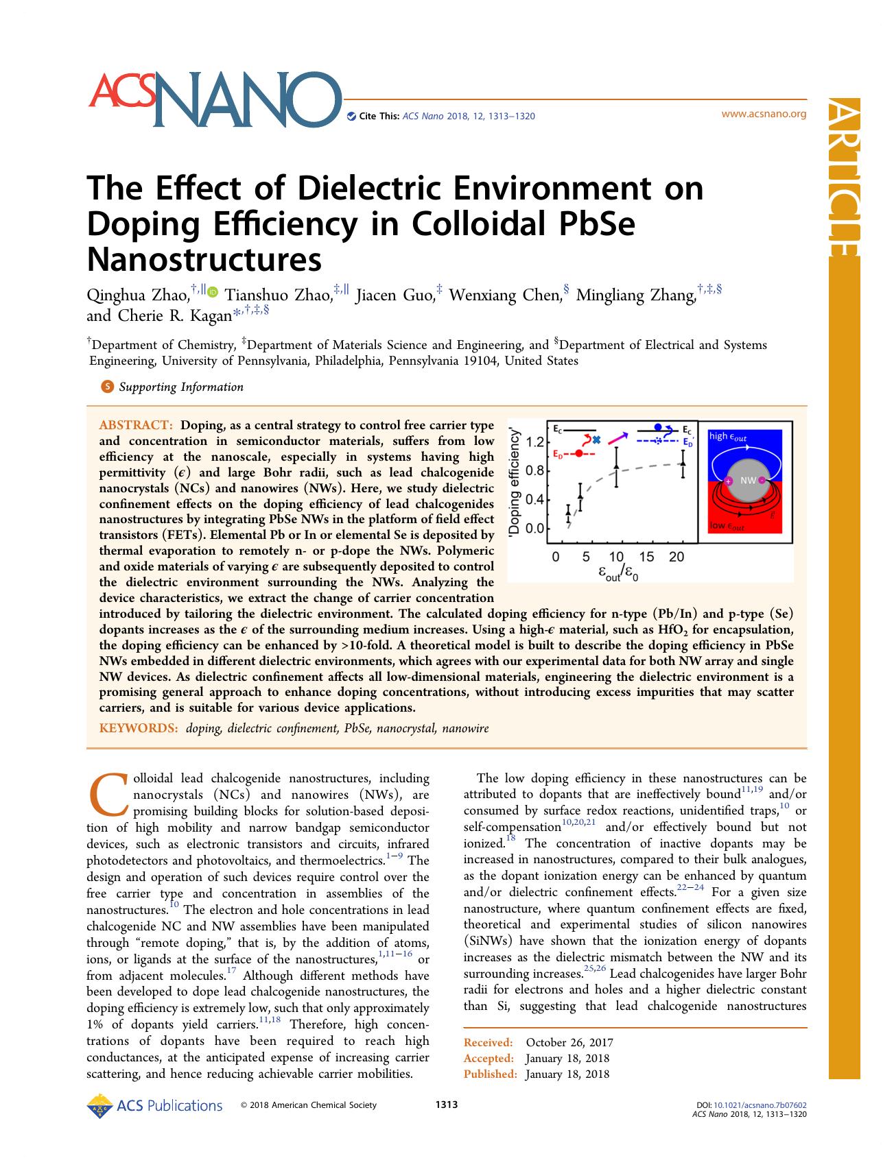 The Effect of Dielectric Environment on Doping Efficiency in Colloidal PbSe Nanostructures by Qinghua Zhao Tianshuo Zhao Jiacen Guo Wenxiang Chen Mingliang Zhang and Cherie R. Kagan