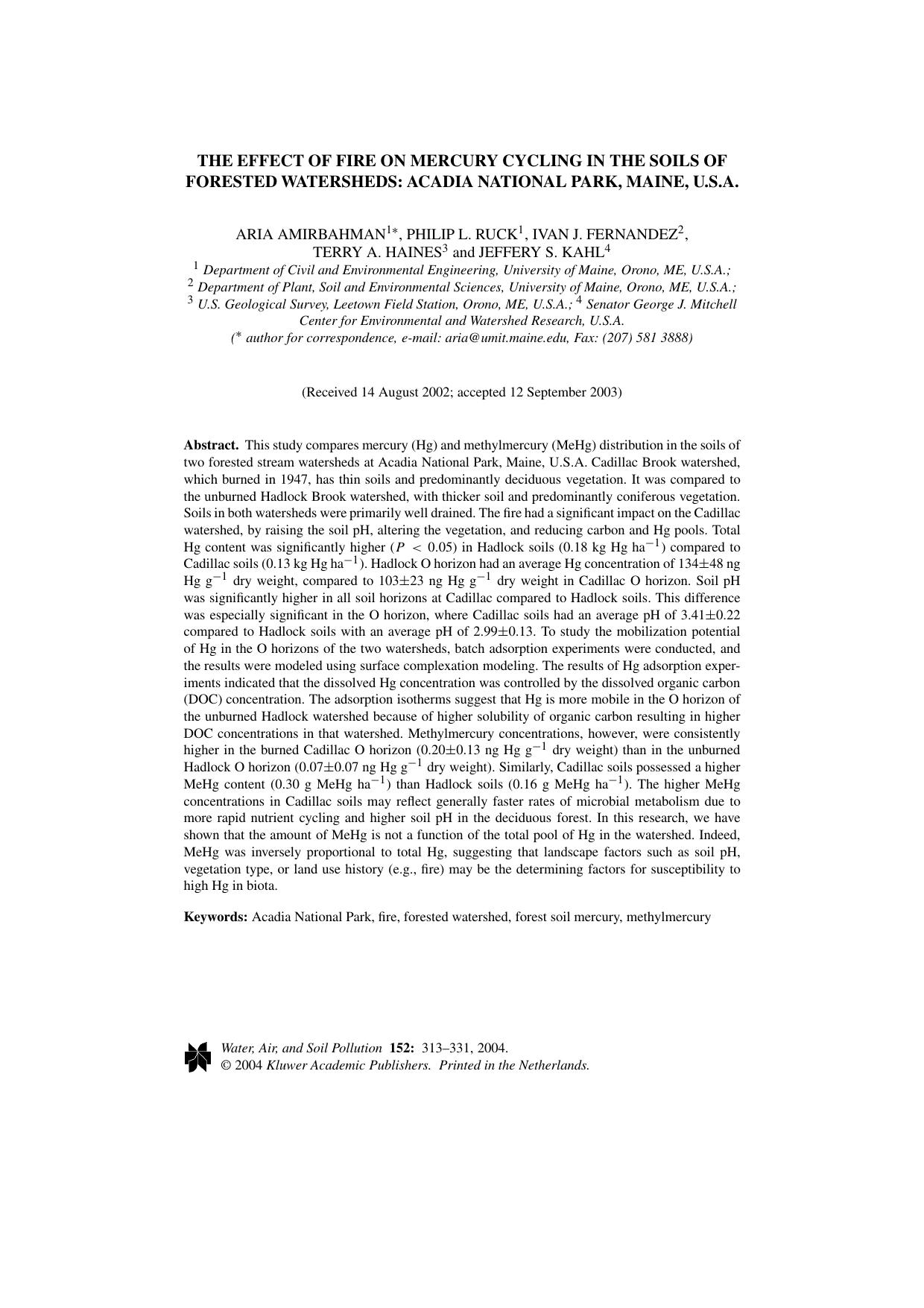 The Effect of Fire on Mercury Cycling in the Soils of Forested Watersheds: Acadia National Park, Maine, U.S.A. by Unknown