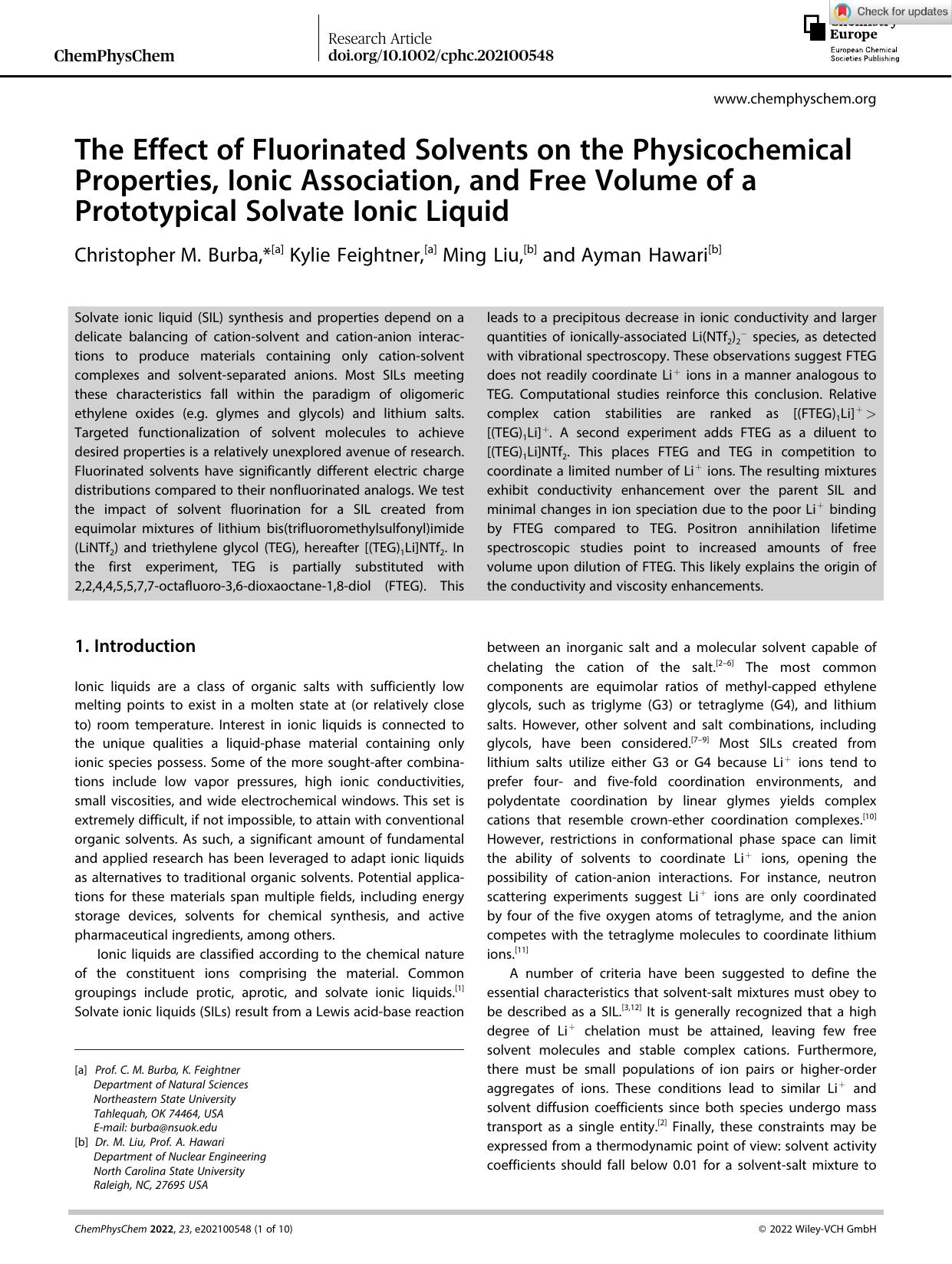 The Effect of Fluorinated Solvents on the Physicochemical Properties, Ionic Association, and Free Volume of a Prototypical Solvate Ionic Liquid by Unknown