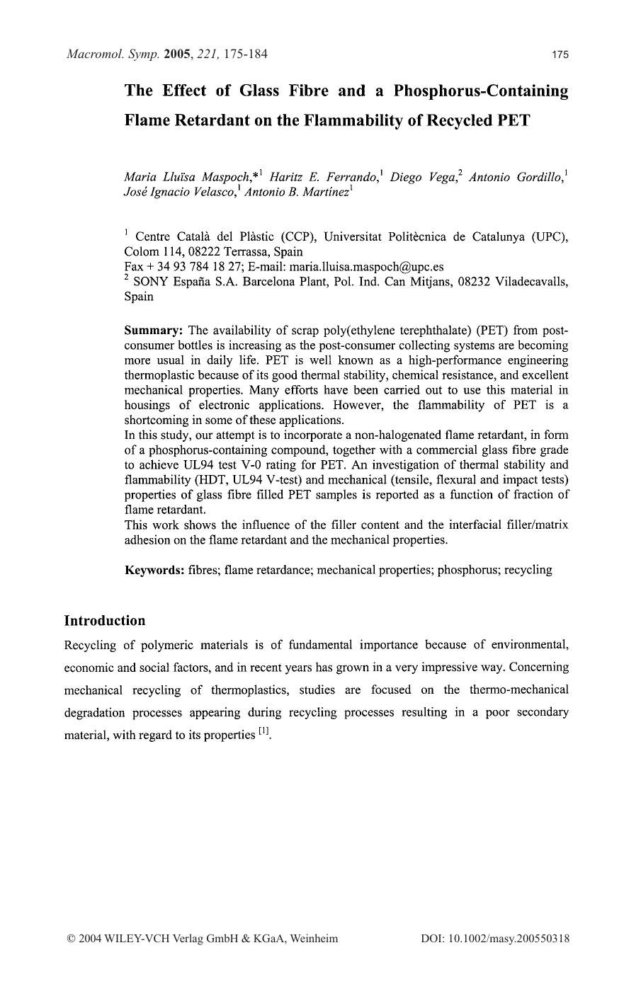 The Effect of Glass Fibre and a Phosphorus-Containing Flame Retardant on the Flammability of Recycled PET by Unknown