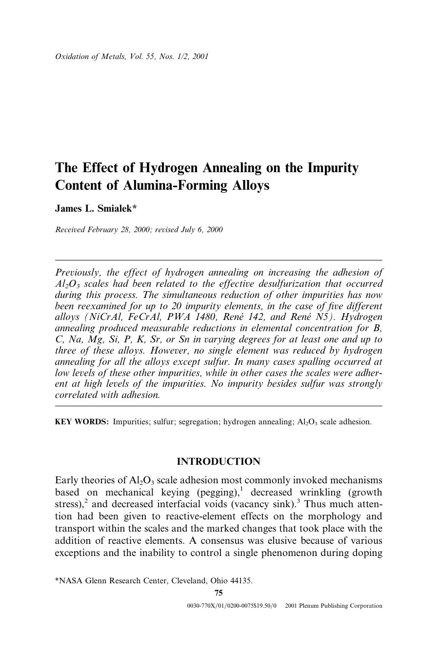 The Effect of Hydrogen Annealing on the Impurity Content of Alumina-Forming Alloys by Unknown