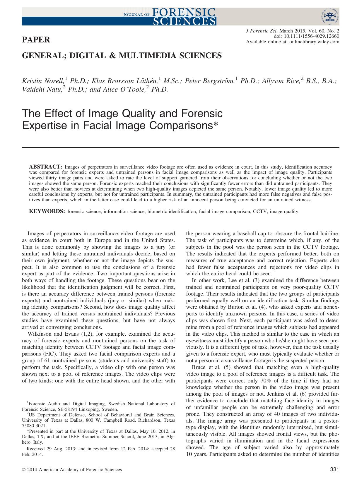 The Effect of Image Quality and Forensic Expertise in Facial Image Comparisons by Unknown