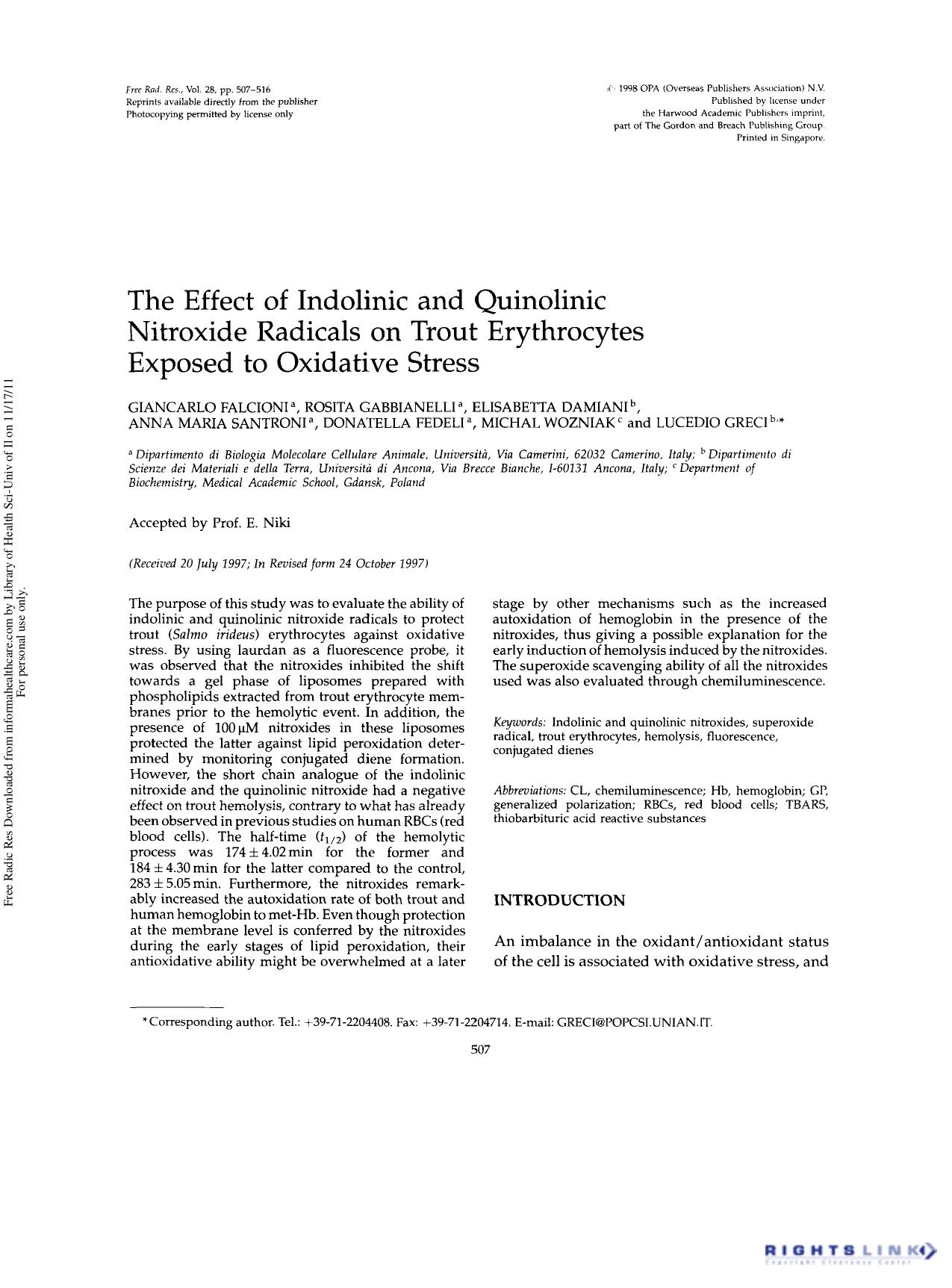 The Effect of Indolinic and Quinolinic Nitroxide Radicals on Trout Erythrocytes Exposed to Oxidative Stress by unknow