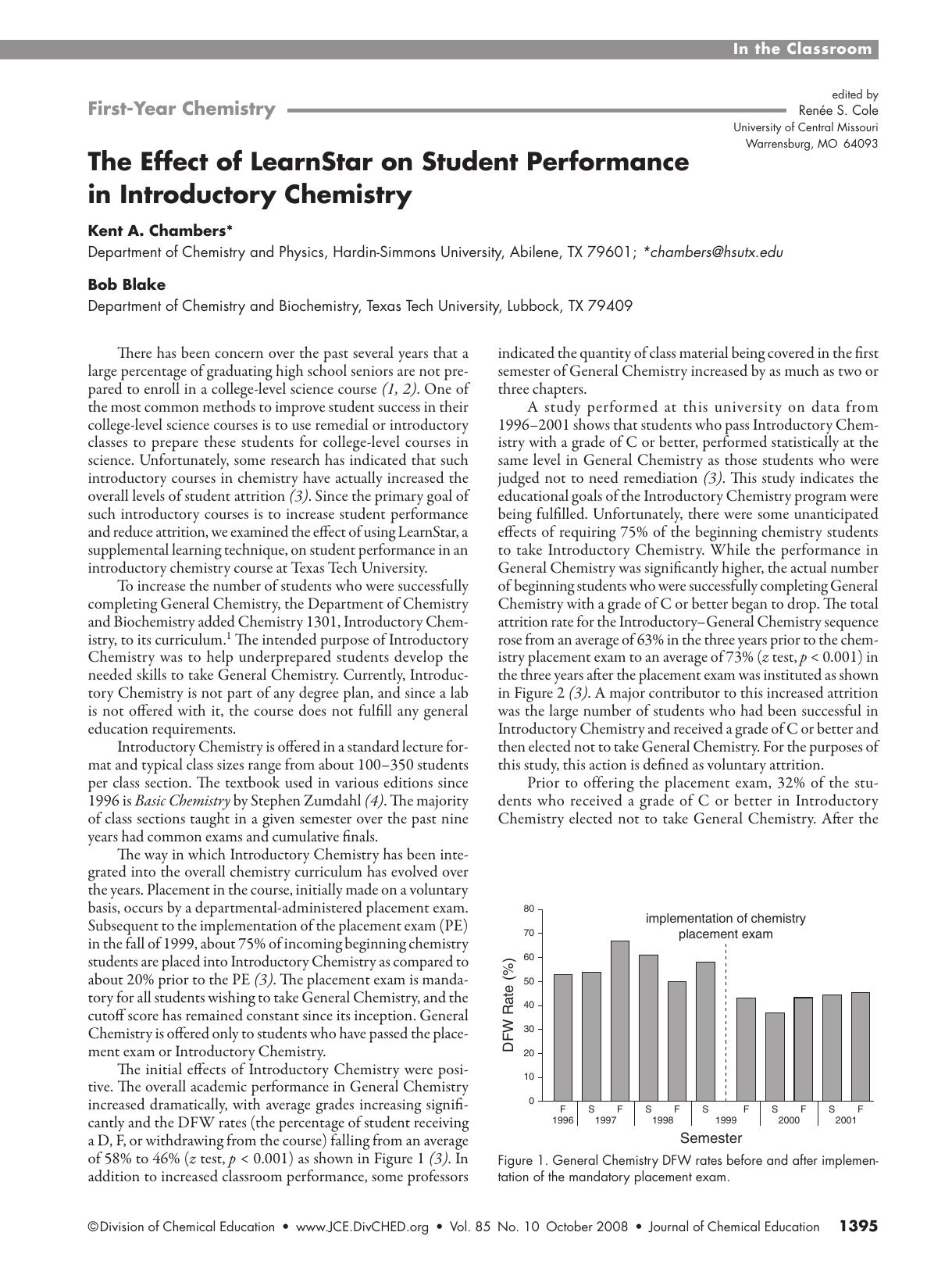 The Effect of LearnStar on Student Performance in Introductory Chemistry by Kent A. Chambers and Bob Blake