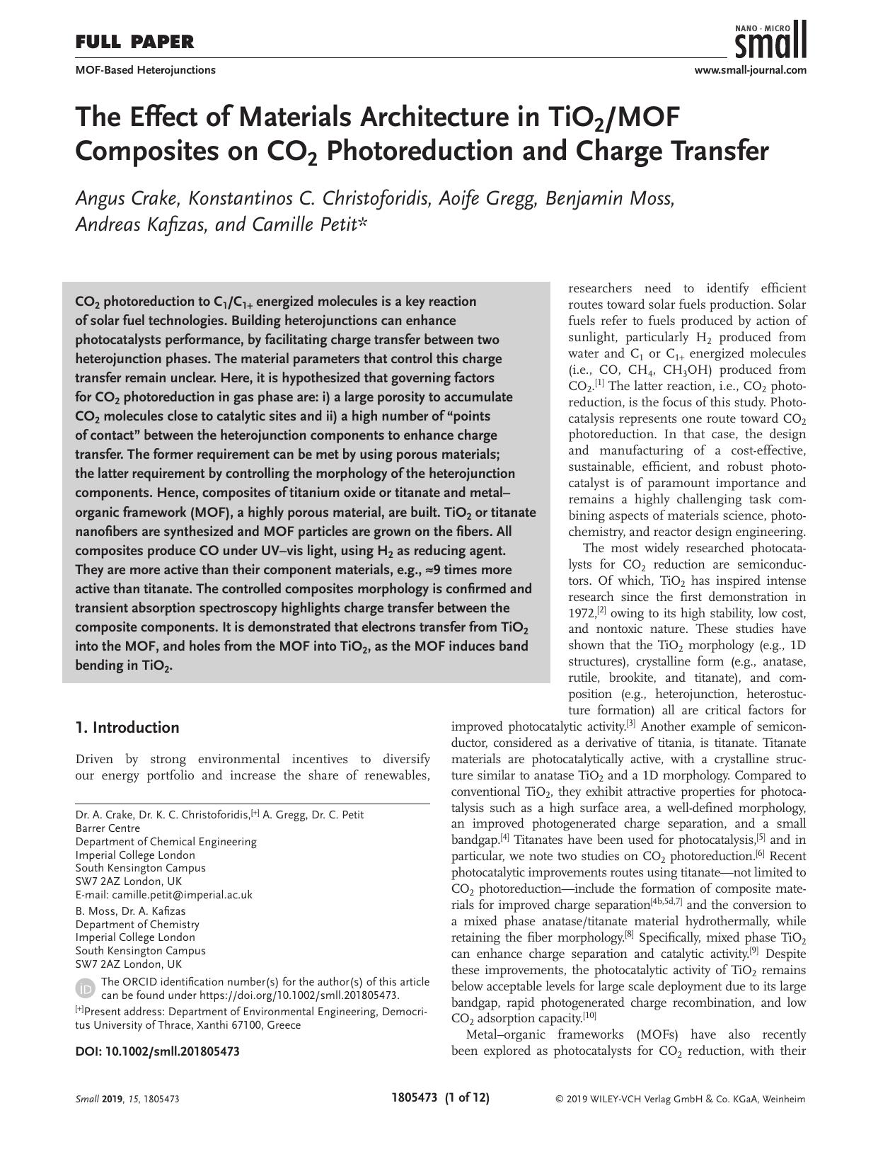 The Effect of Materials Architecture in TiO2MOF Composites on CO2 Photoreduction and Charge Transfer by Unknown