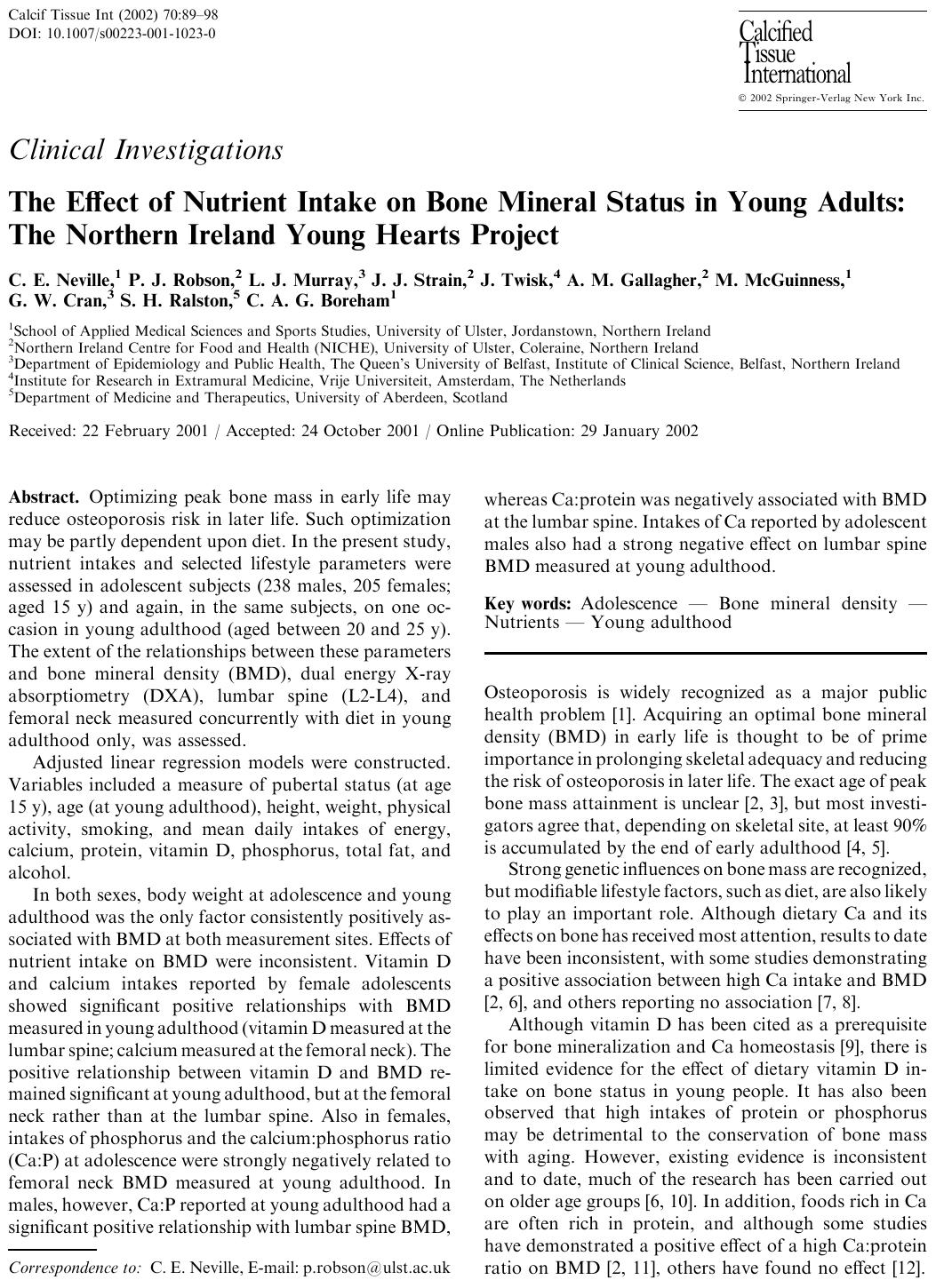 The Effect of Nutrient Intake on Bone Mineral Status in Young Adults: The Northern Ireland Young Hearts Project by Neville C.E. et al