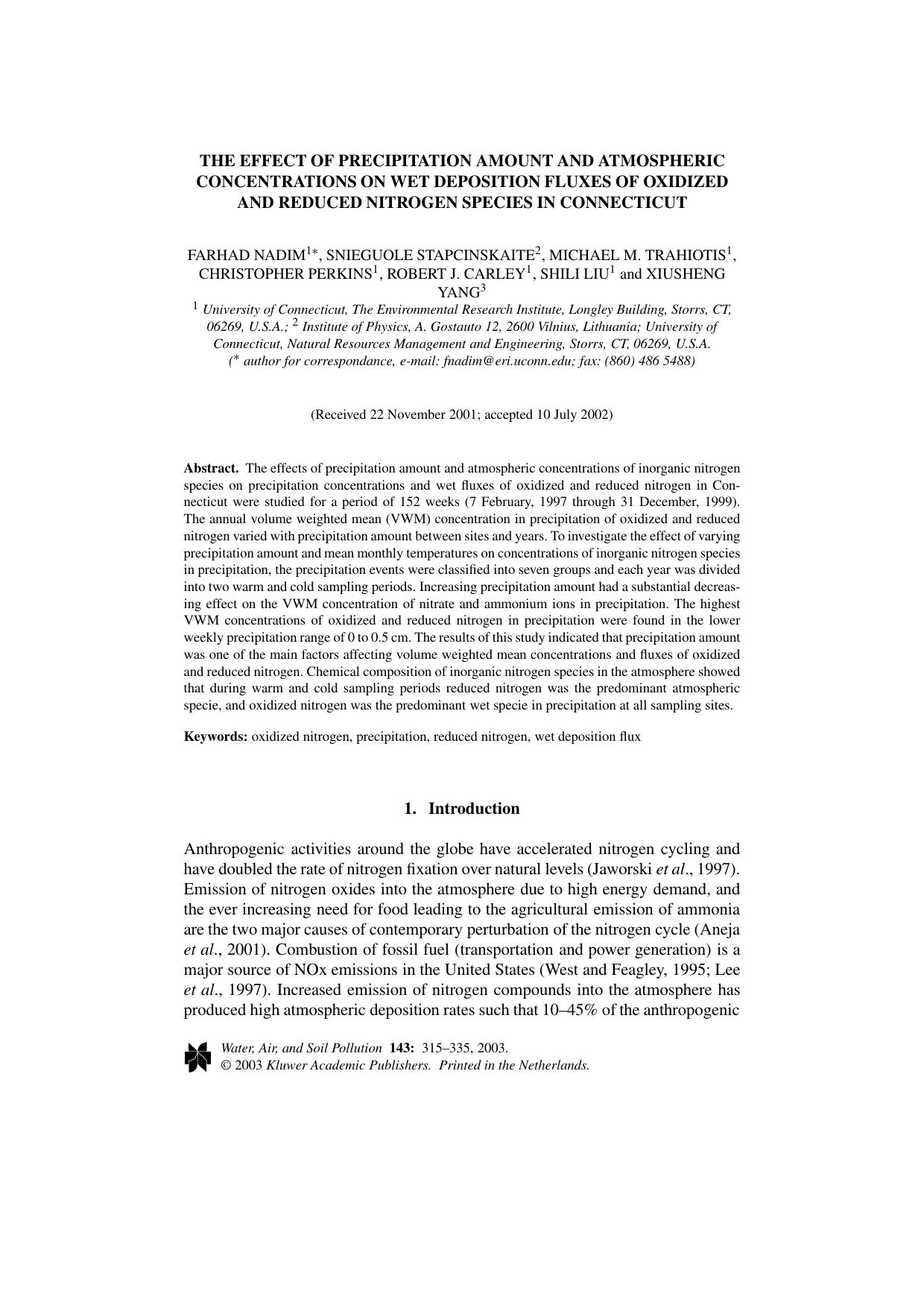The Effect of Precipitation Amount and Atmospheric Concentrations on Wet Deposition Fluxes of Oxidized and Reduced Nitrogen Species in Connecticut by Unknown
