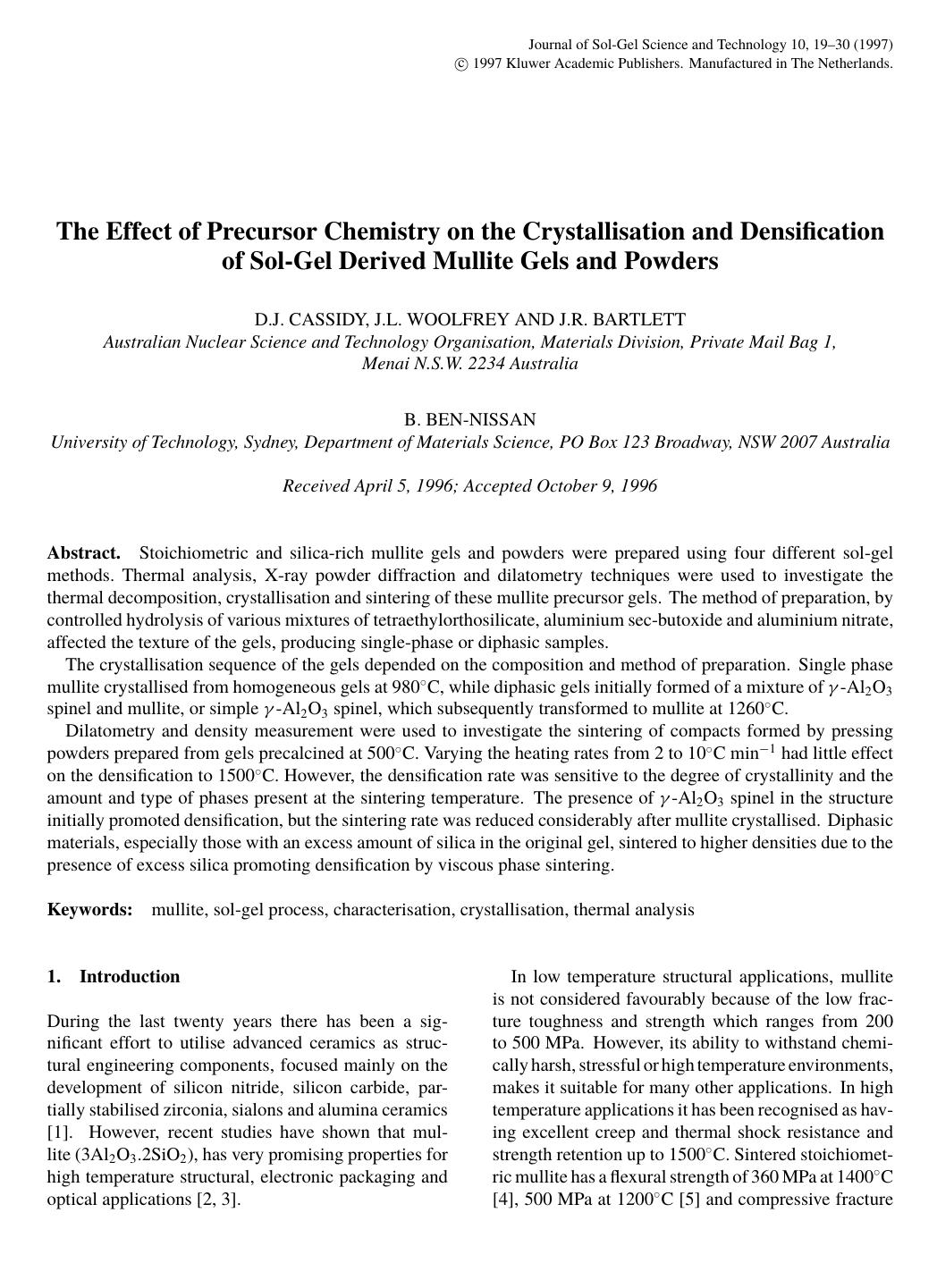 The Effect of Precursor Chemistry on the Crystallisation and Densification of Sol-Gel Derived Mullite Gels and Powders by Unknown