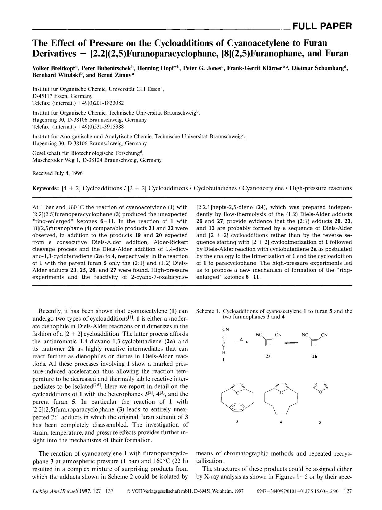 The Effect of Pressure on the Cycloadditions of Cyanoacetylene to Furan Derivatives - [2.2](2,5)Furanoparacyclophane, [8](2,5)Furanophane, and Furan by Unknown