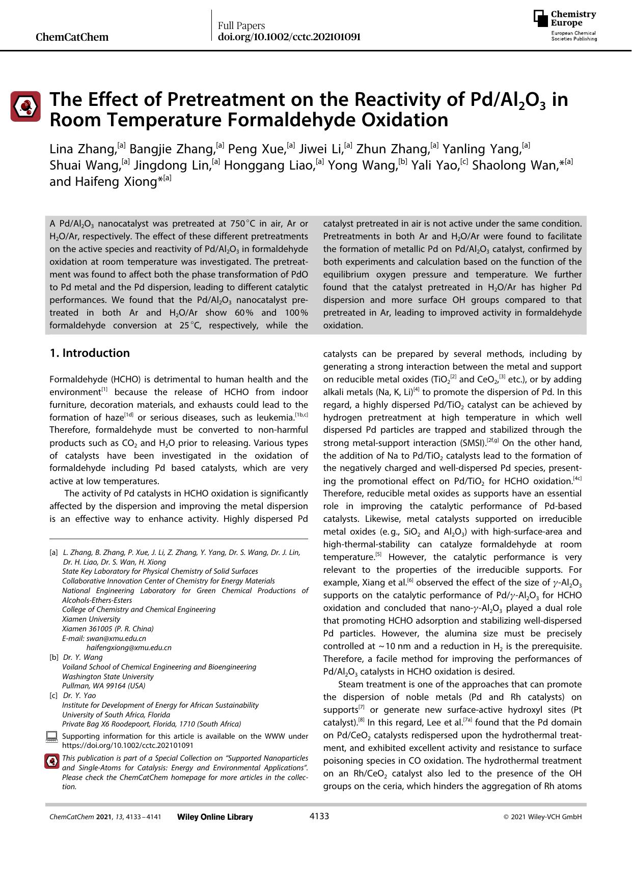 The Effect of Pretreatment on the Reactivity of PdAl2O3 in Room Temperature Formaldehyde Oxidation by Unknown