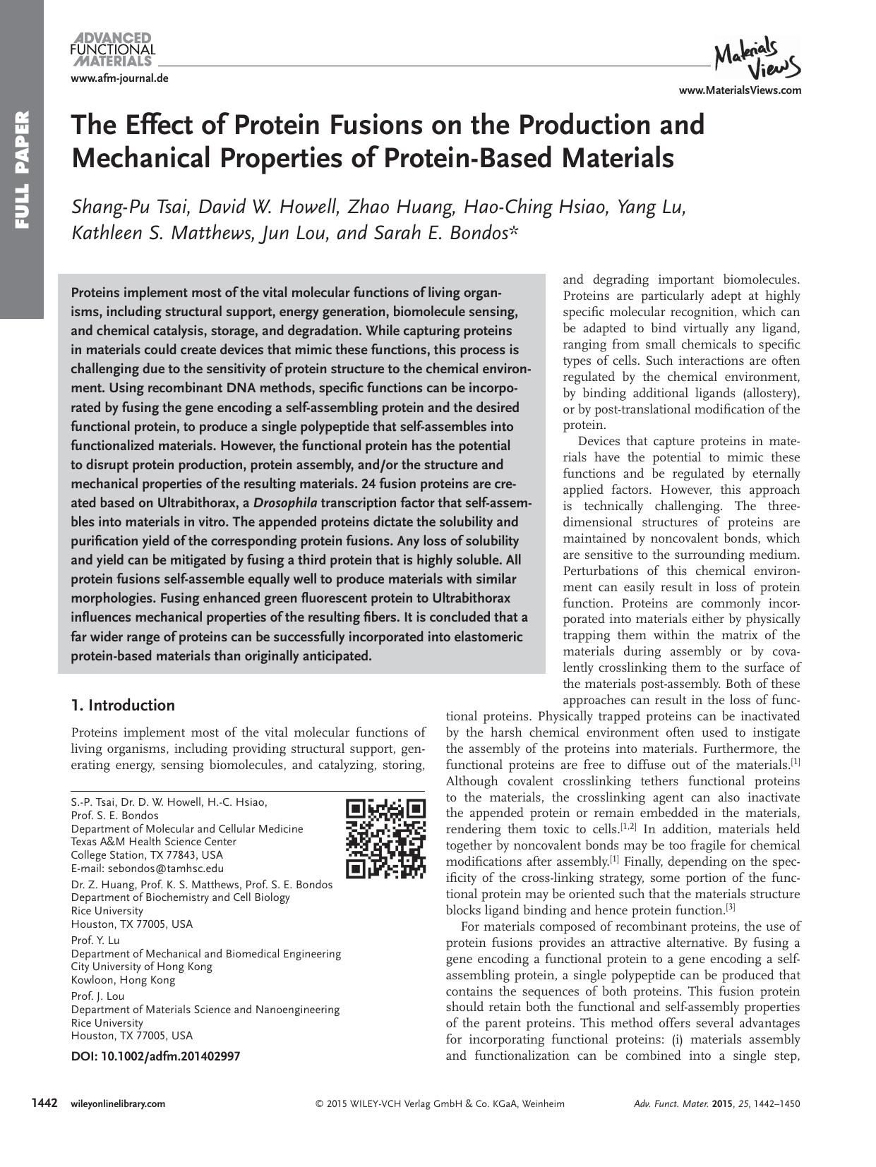 The Effect of Protein Fusions on the Production and Mechanical Properties of Protein&#x26;#x02010;Based Materials by Unknown