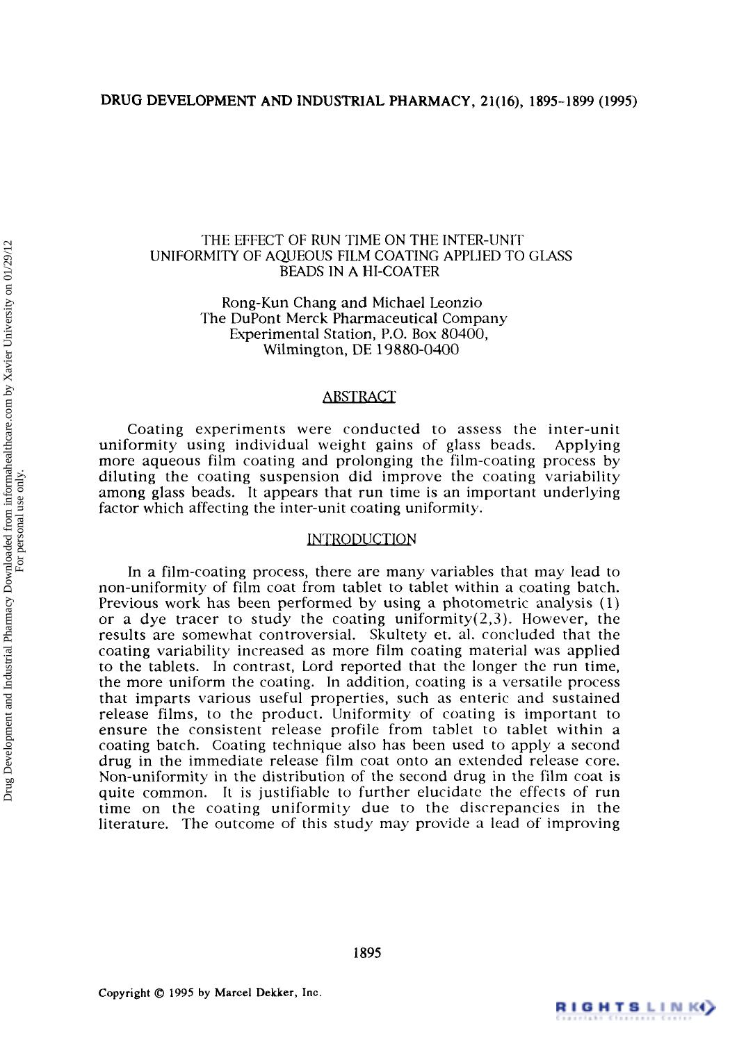 The Effect of Run Time on the Inter-Unit Uniformity of Aqueous Film Coating Applied to Glass Beads in a Hi-Coater by Rong-Kun Chang & Michael Leonzio