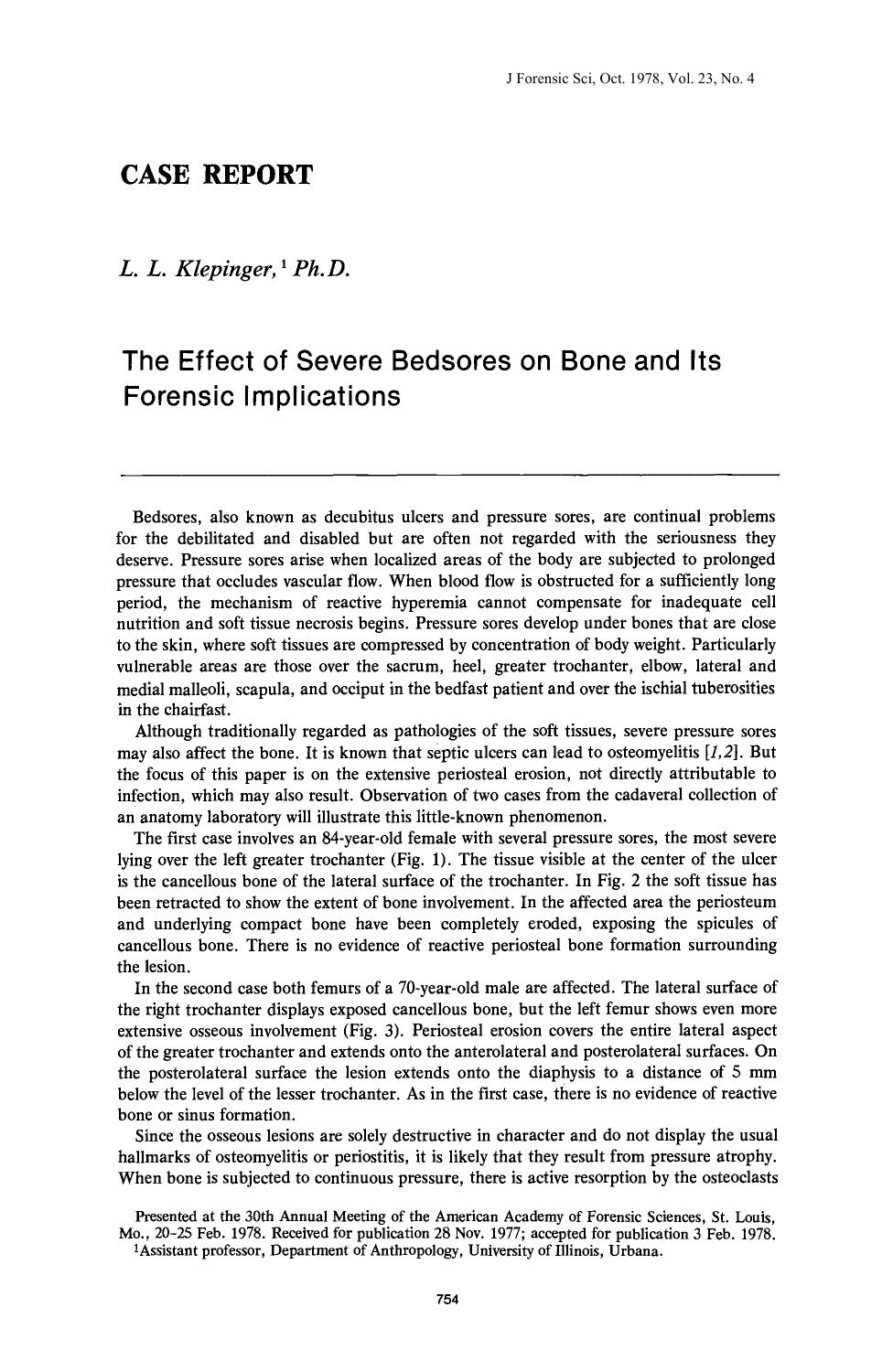 The Effect of Severe Bedsores on Bone and Its Forensic Implications by Klepinger LL