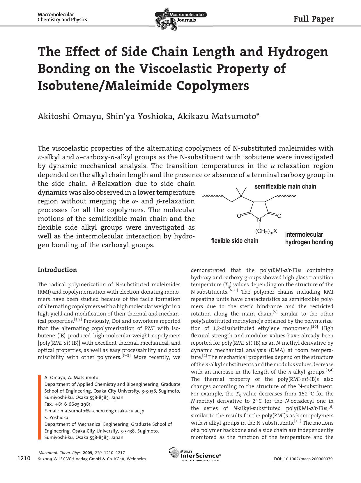The Effect of Side Chain Length and Hydrogen Bonding on the Viscoelastic Property of IsobuteneMaleimide Copolymers by Unknown