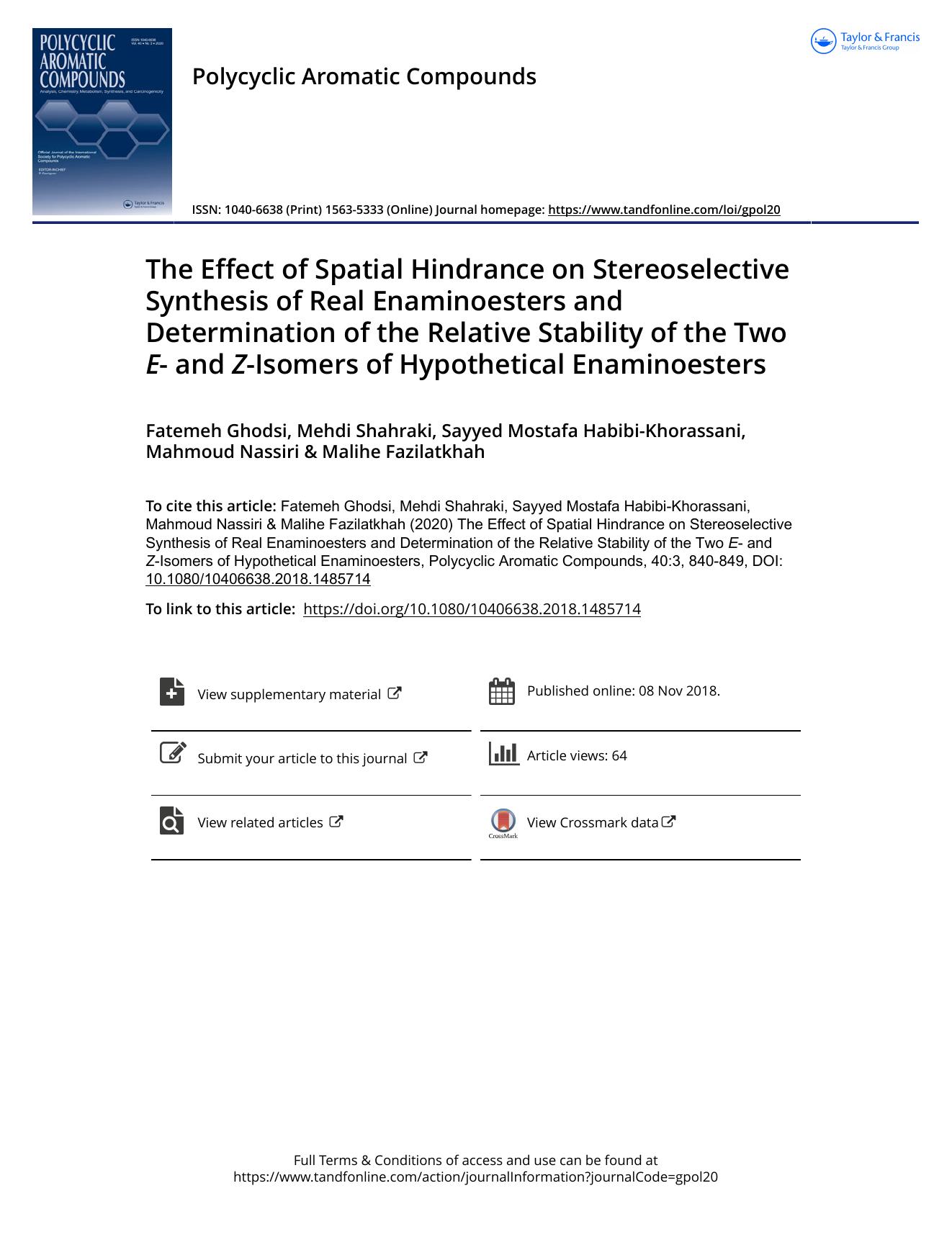 The Effect of Spatial Hindrance on Stereoselective Synthesis of Real Enaminoesters and Determination of the Relative Stability of the Two E- and Z-Isomers of Hypothetical Enaminoesters by unknow