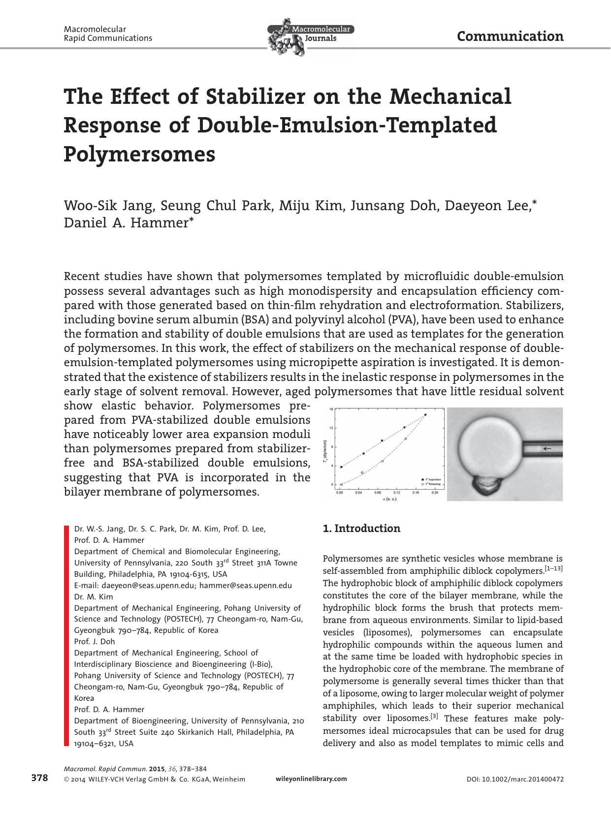 The Effect of Stabilizer on the Mechanical Response of Double‐Emulsion‐Templated Polymersomes by Unknown