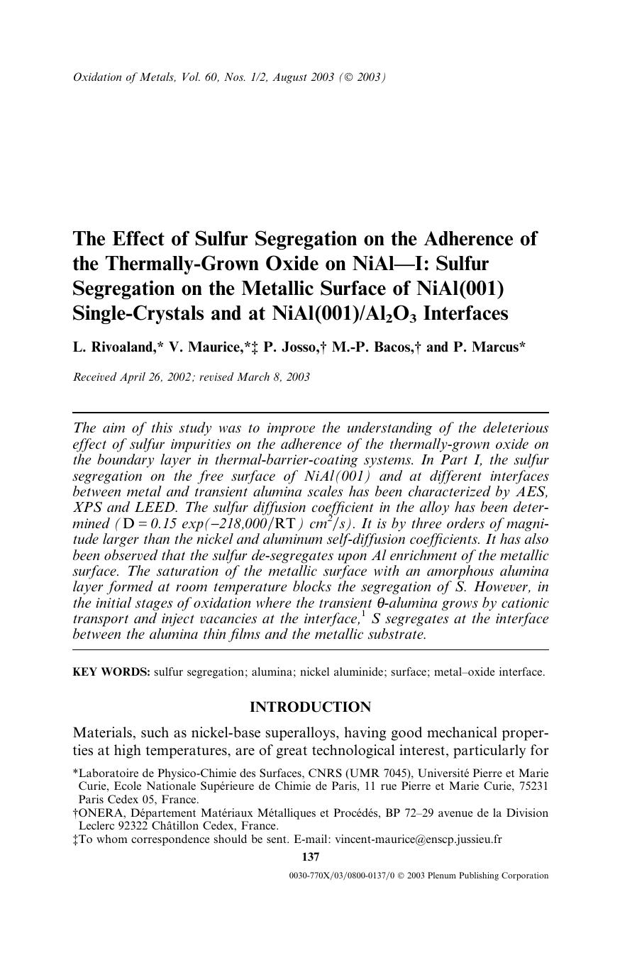 The Effect of Sulfur Segregation on the Adherence of the Thermally-Grown Oxide on NiAl—I: Sulfur Segregation on the Metallic Surface of NiAl(001) Single-Crystals and at NiAl by Unknown