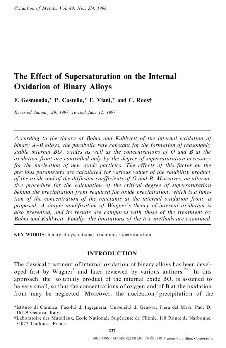 The Effect of Supersaturation on the Internal Oxidation of Binary Alloys by Unknown