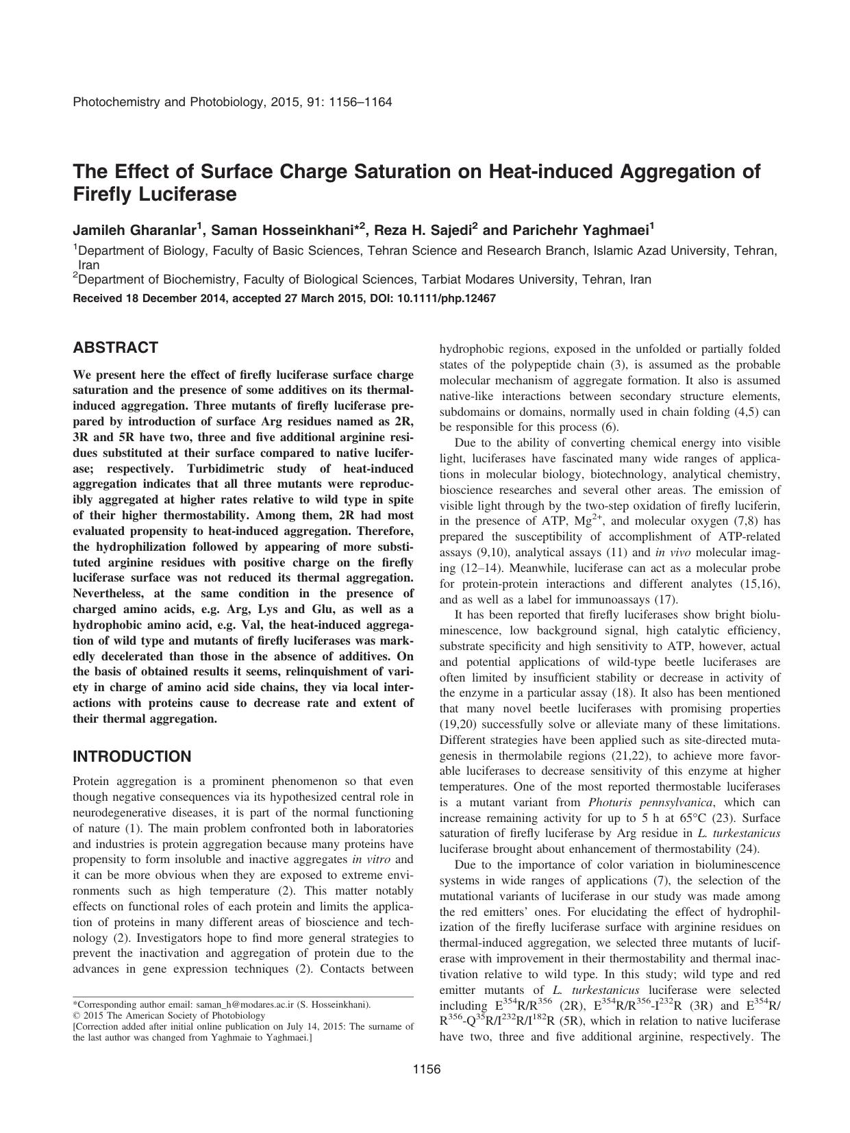 The Effect of Surface Charge Saturation on Heat‐induced Aggregation of Firefly Luciferase by Unknown