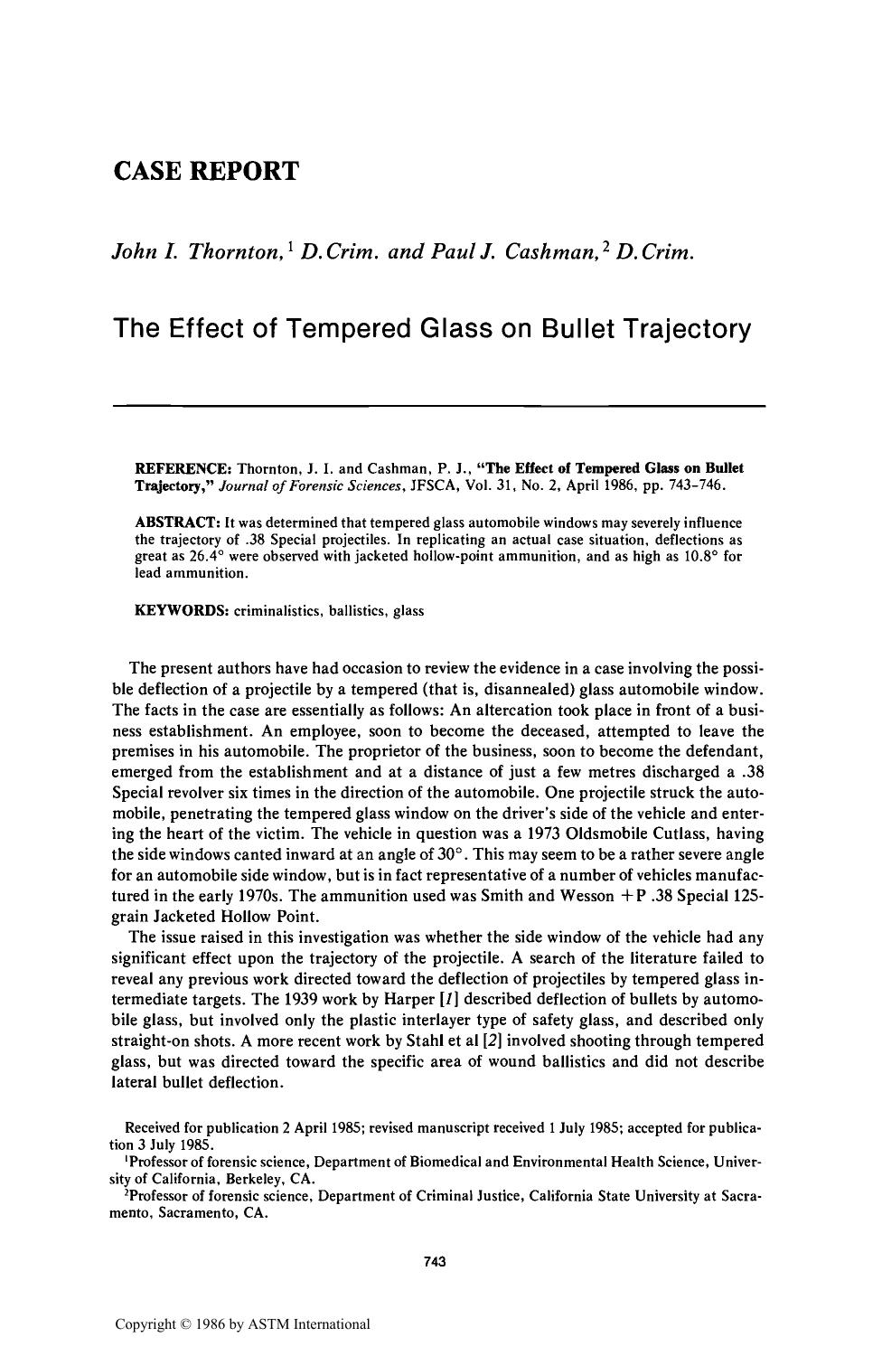 The Effect of Tempered Glass on Bullet Trajectory by Thornton JI Cashman PJ