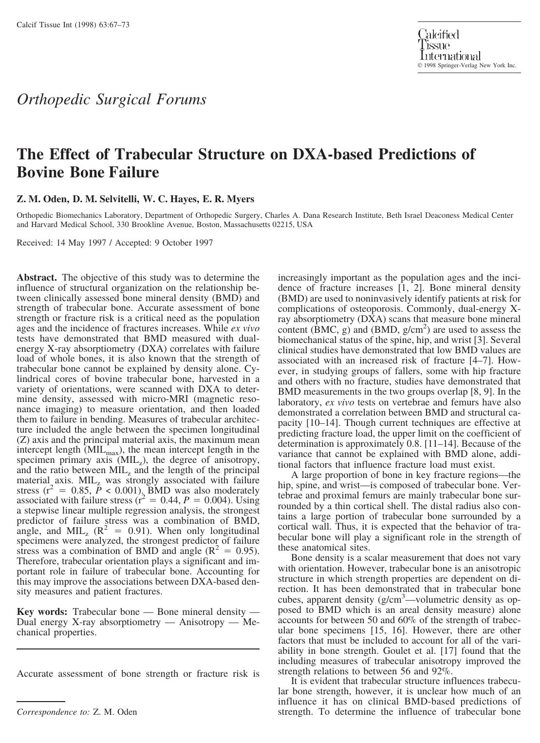 The Effect of Trabecular Structure on DXA-based Predictinos of Bovine Bone Failure by Oden Z. et al