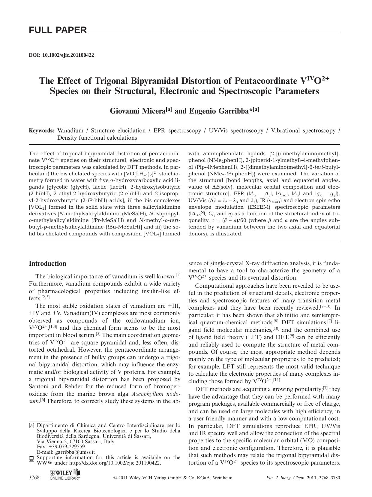 The Effect of Trigonal Bipyramidal Distortion of Pentacoordinate VIVO2+ Species on their Structural, Electronic and Spectroscopic Parameters by Unknown