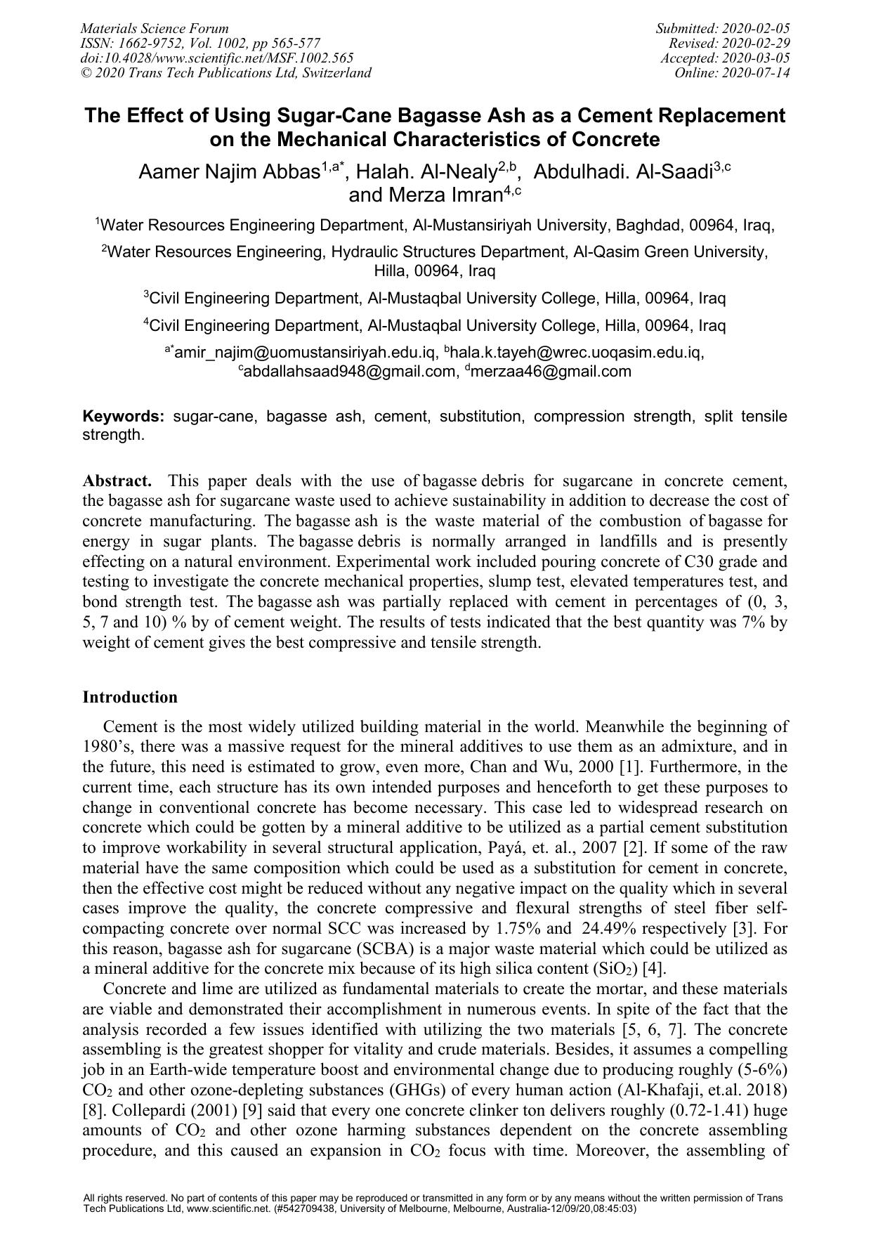The Effect of Using Sugar-Cane Bagasse Ash as a Cement Replacement on the Mechanical Characteristics of Concrete by Aamer Najim Abbas; Halah Al-Nealy; Abdulhadi Al-Saadi; Merza Imran