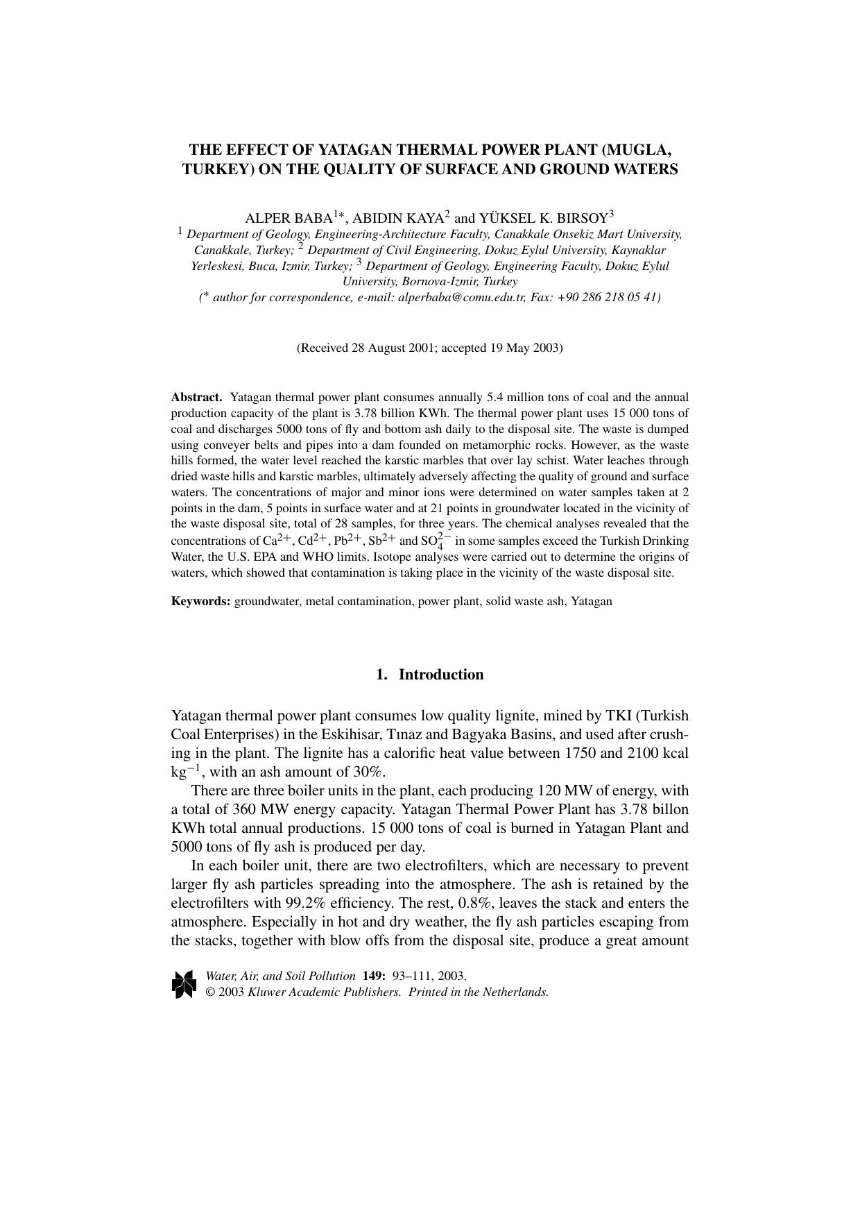 The Effect of Yatagan Thermal Power Plant (Mugla, Turkey) on the Quality of Surface and Ground Waters by Unknown