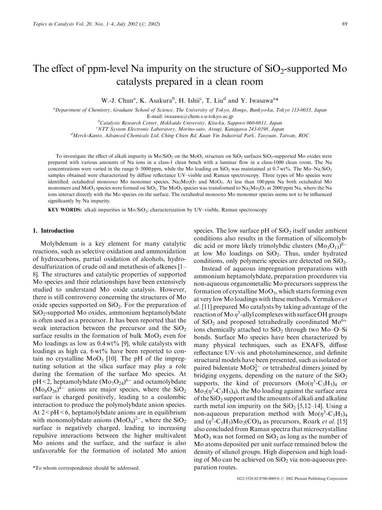 The Effect of ppm-Level Na Impurity on the Structure of SiO<Subscript>2<Subscript>-Supported Mo Catalysts Prepared in a Clean Room by Unknown