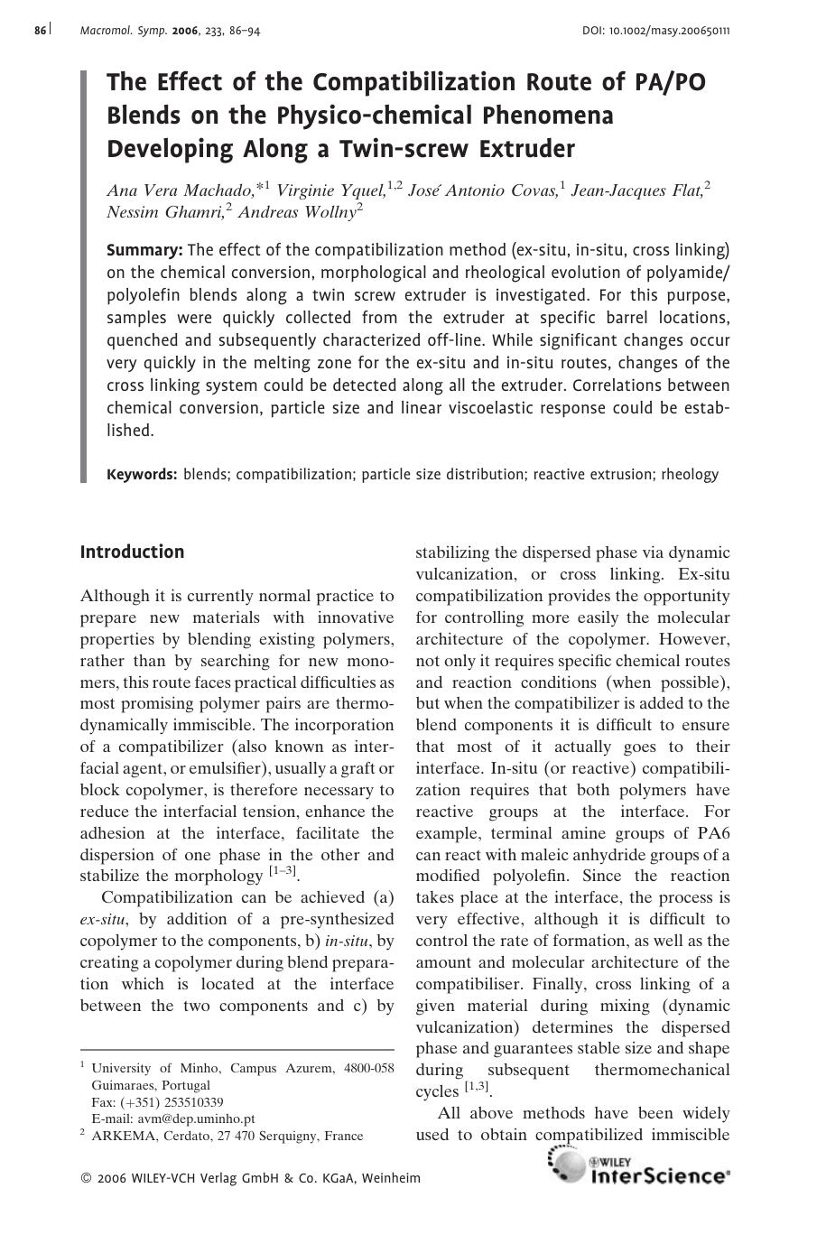 The Effect of the Compatibilization Route of PAPO Blends on the Physico-chemical Phenomena Developing Along a Twin-screw Extruder by Unknown