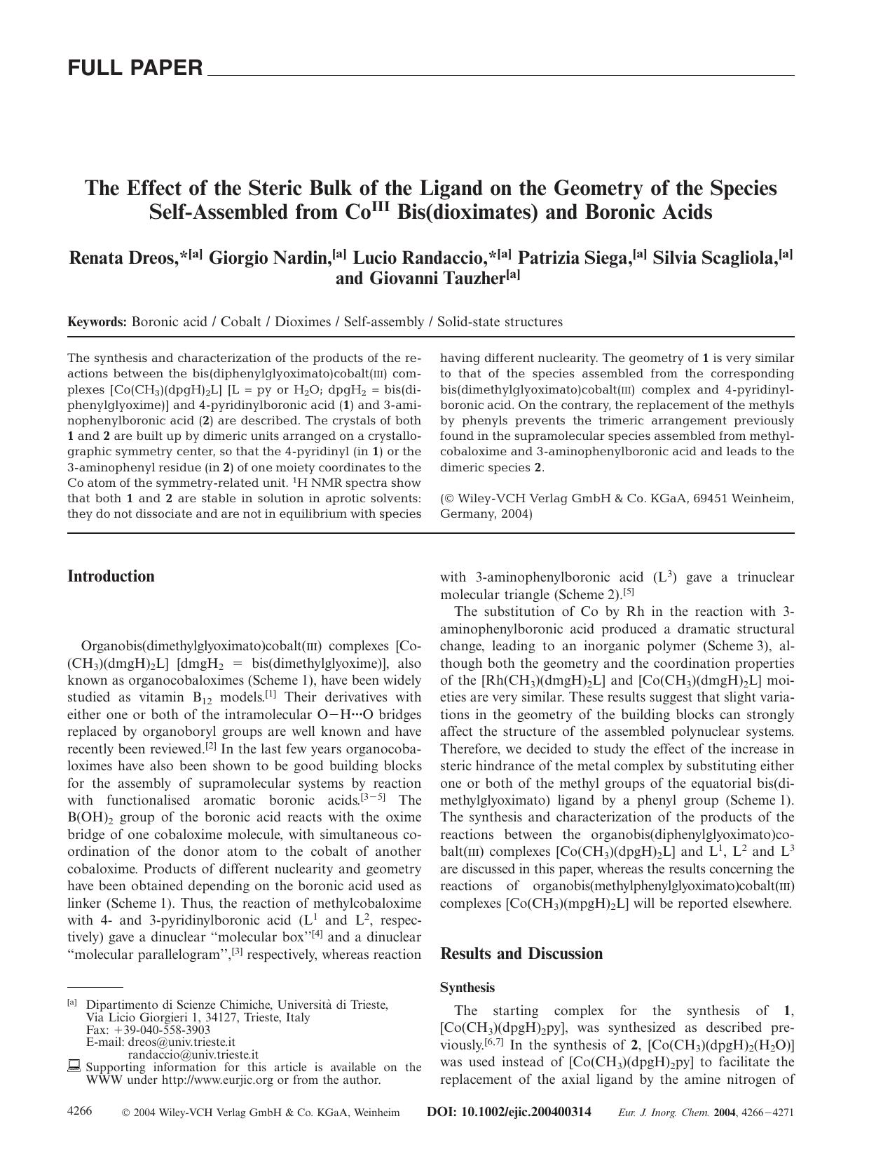 The Effect of the Steric Bulk of the Ligand on the Geometry of the Species Self-Assembled from CoIII Bis(dioximates) and Boronic Acids by Unknown