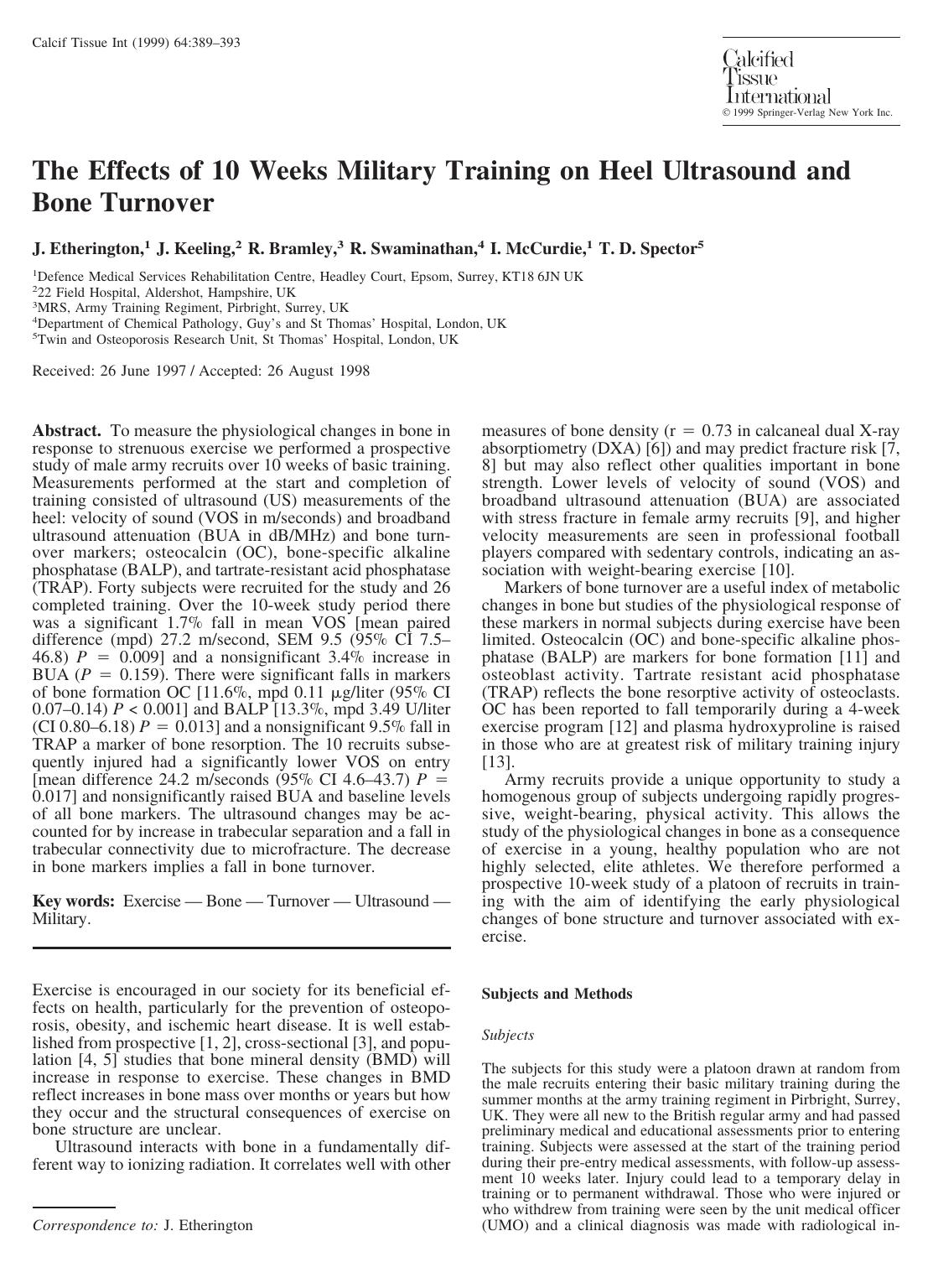 The Effects of 10 Weeks Military Training on Heel Ultrasound and Bone Turnover by Etherington J. et al