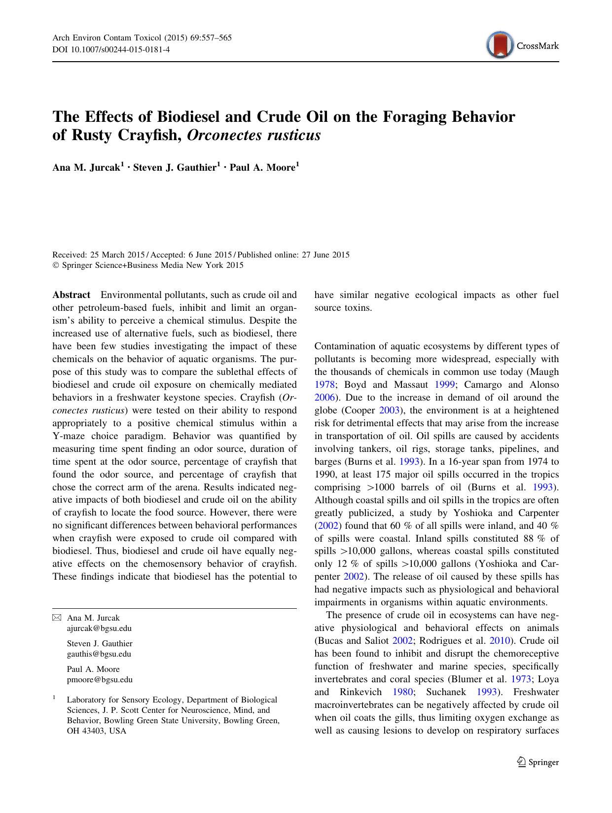 The Effects of Biodiesel and Crude Oil on the Foraging Behavior of Rusty Crayfish, Orconectes rusticus by Ana M. Jurcak & Steven J. Gauthier & Paul A. Moore