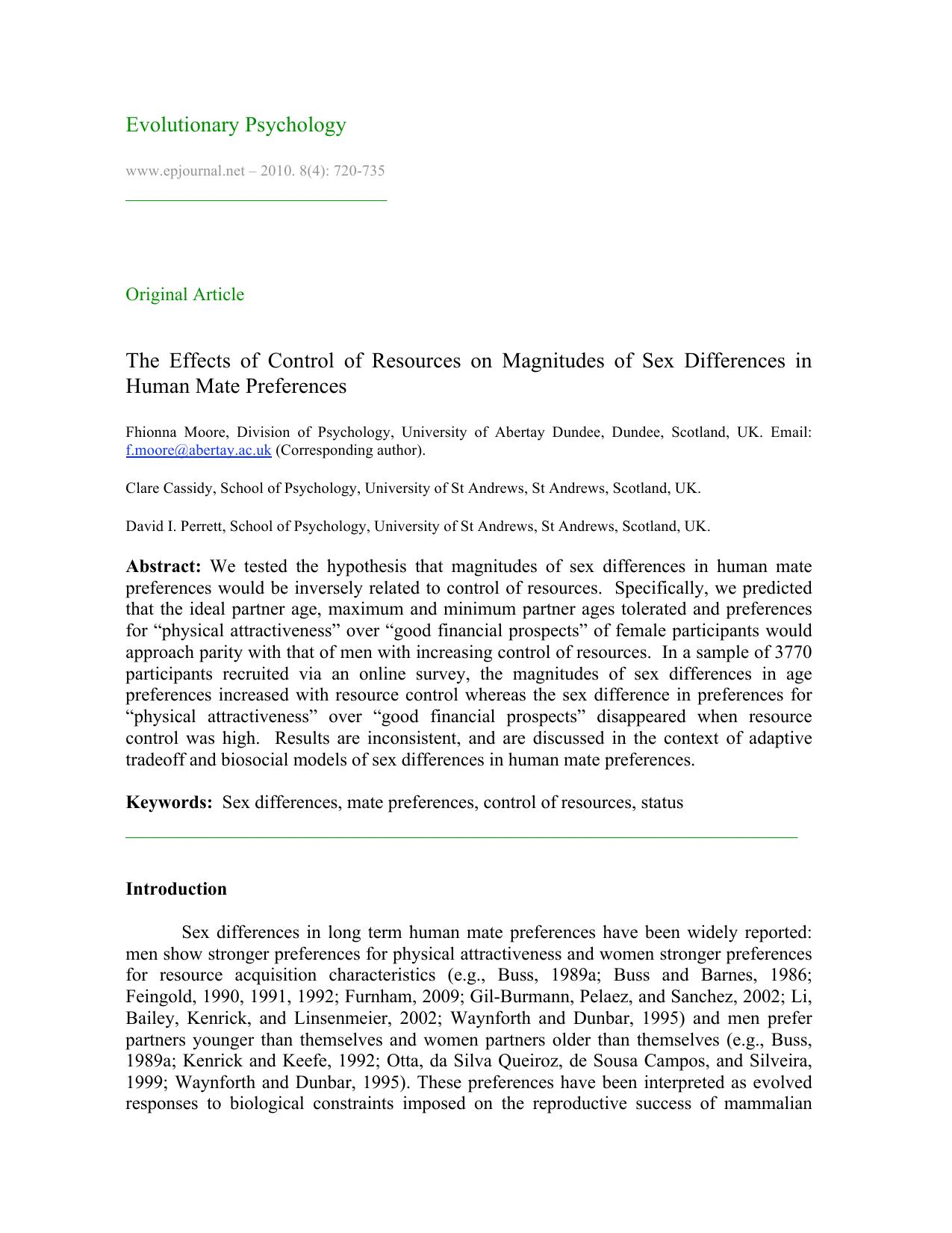 The Effects of Control of Resources on Magnitudes of Sex Differences in Human Mate Preferences by Fhionna Moore Clare Cassidy David Perrett