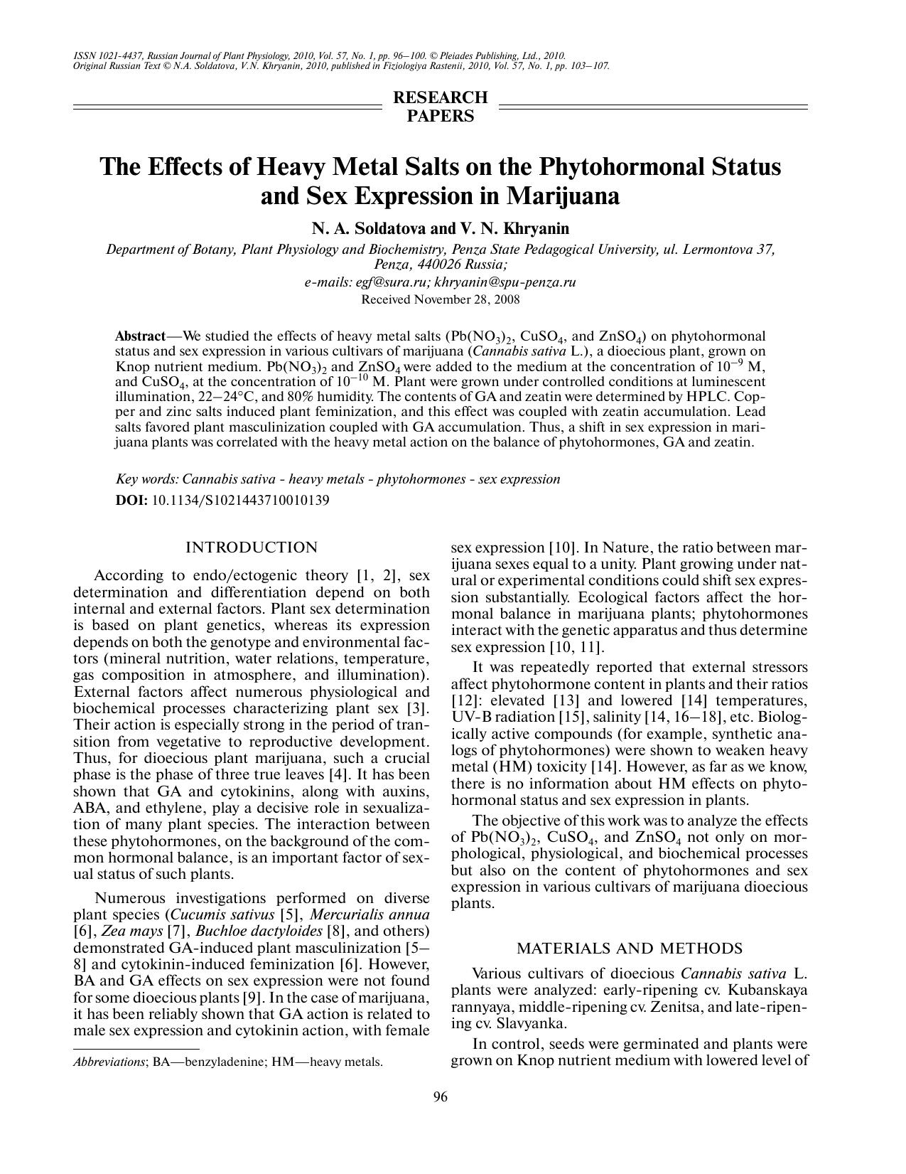 The Effects of Heavy Metal Salts on the Phytohormonal Status and sex expression in marijuana by Unknown