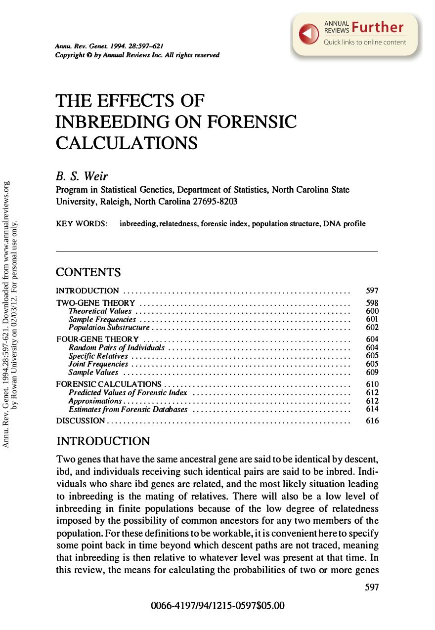 The Effects of Inbreeding on Forensic Calculations by B S Weir