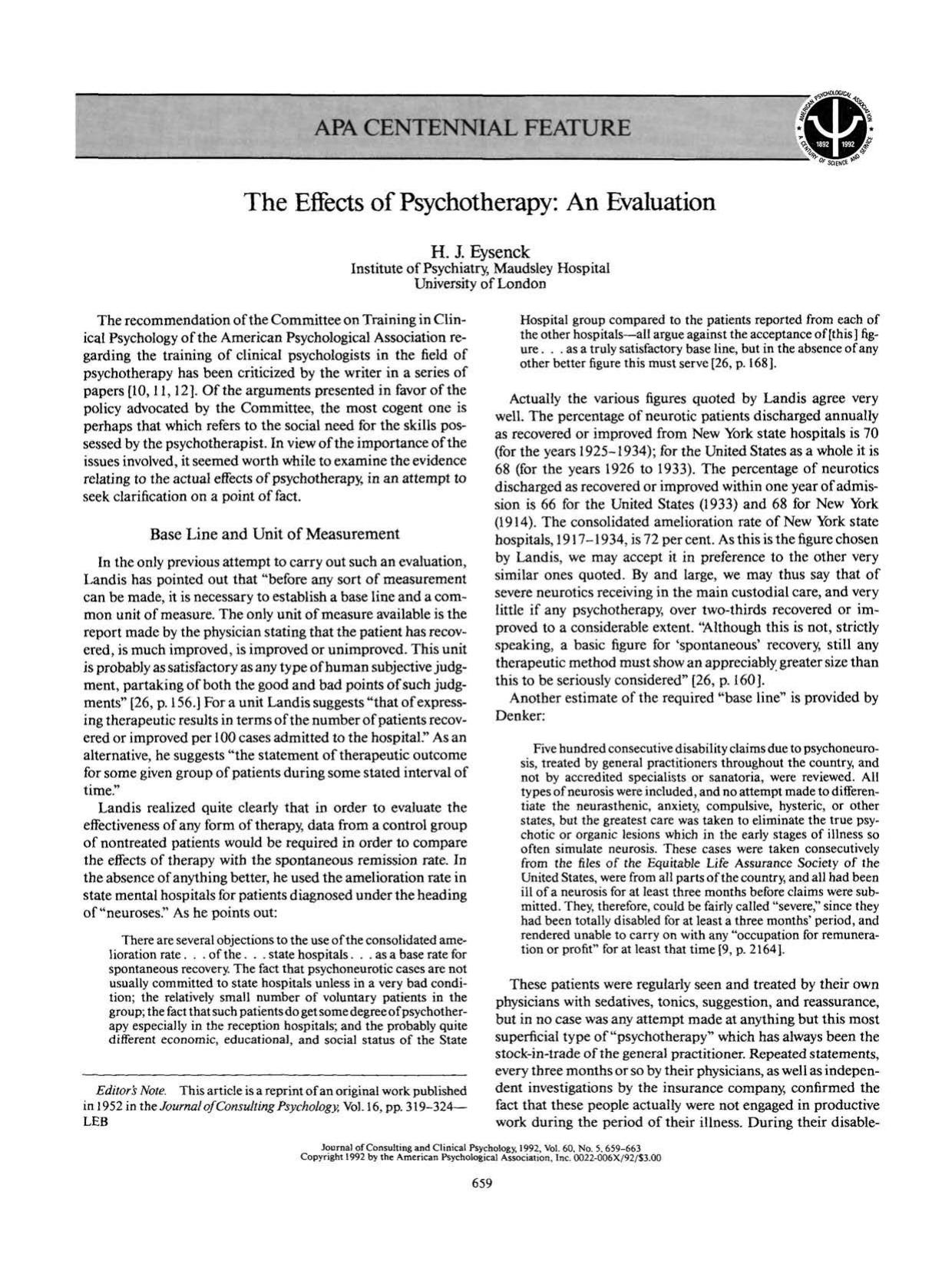 The Effects of Psychotherapy by An Evaluation (1952) by Hans Jürgen Eysenck