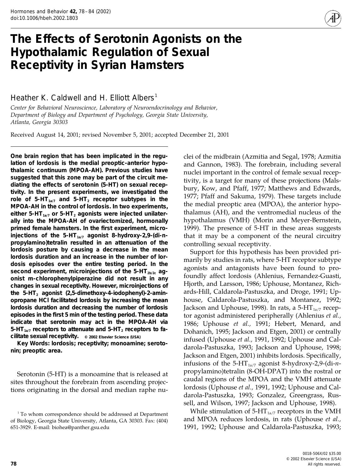 The Effects of Serotonin Agonists on the Hypothalamic Regulation of Sexual Receptivity in Syrian Hamsters by Caldwell H. K. et al