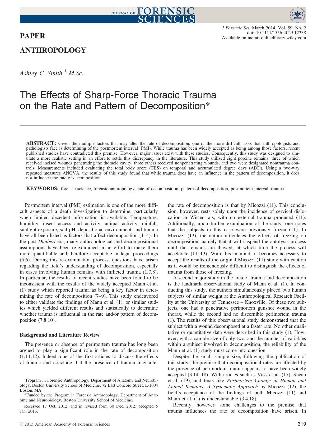 The Effects of SharpForce Thoracic Trauma on the Rate and Pattern of Decomposition by Unknown