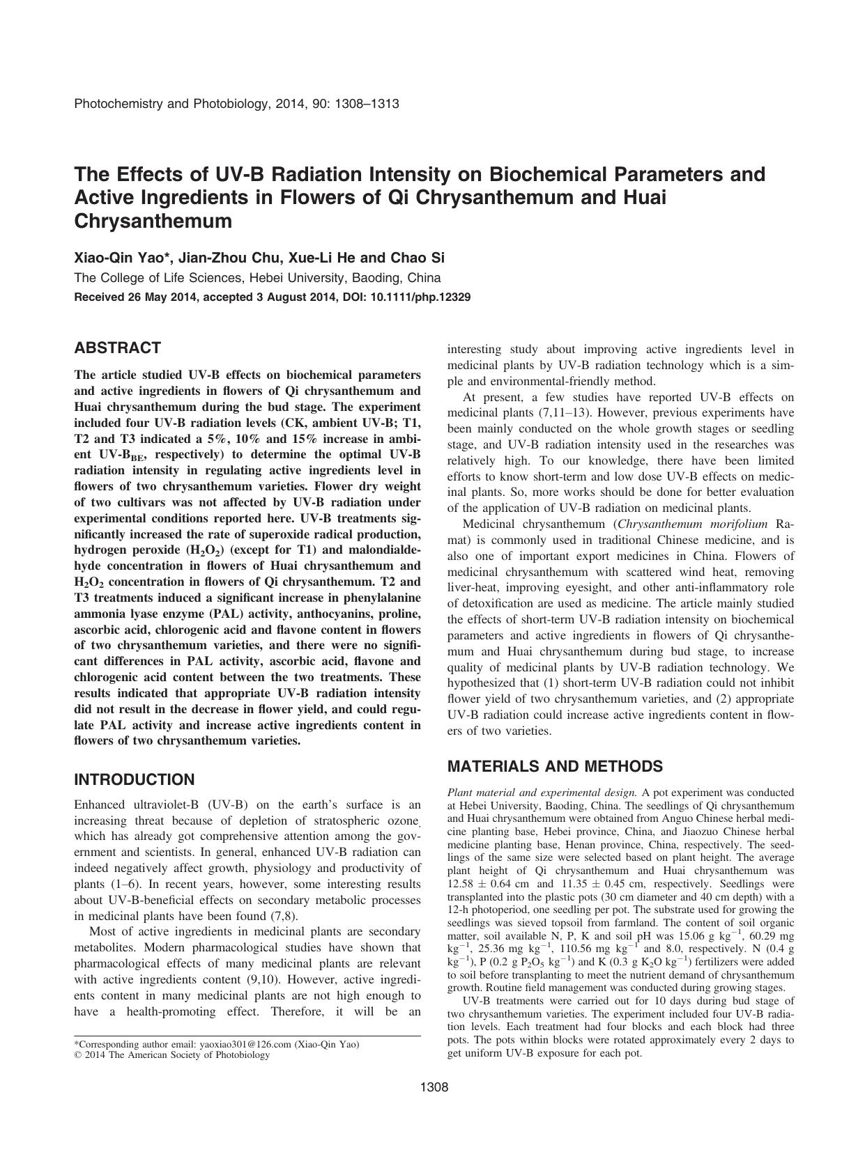 The Effects of UVB Radiation Intensity on Biochemical Parameters and Active Ingredients in Flowers of Qi Chrysanthemum and Huai Chrysanthemum by Unknown