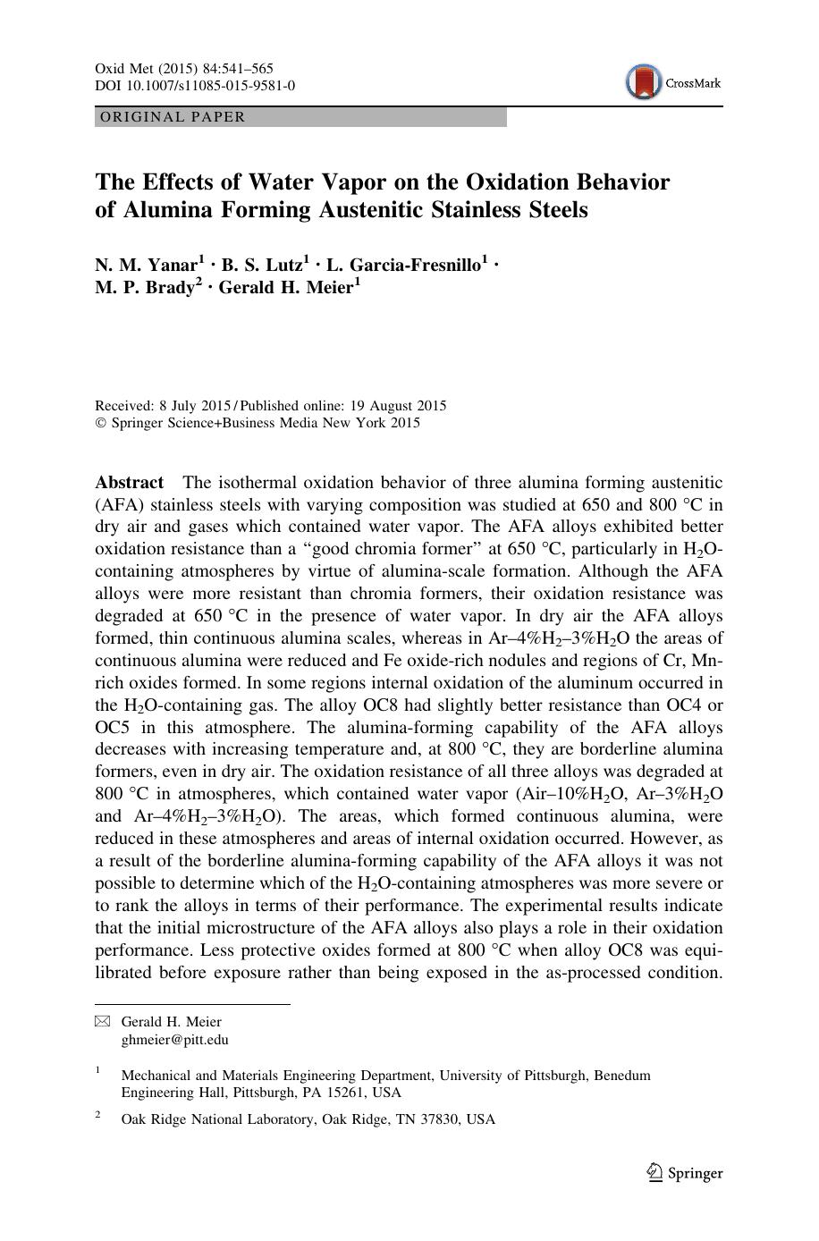 The Effects of Water Vapor on the Oxidation Behavior of Alumina Forming Austenitic Stainless Steels by N. M. Yanar & B. S. Lutz & L. Garcia-Fresnillo & M. P. Brady & Gerald H. Meier