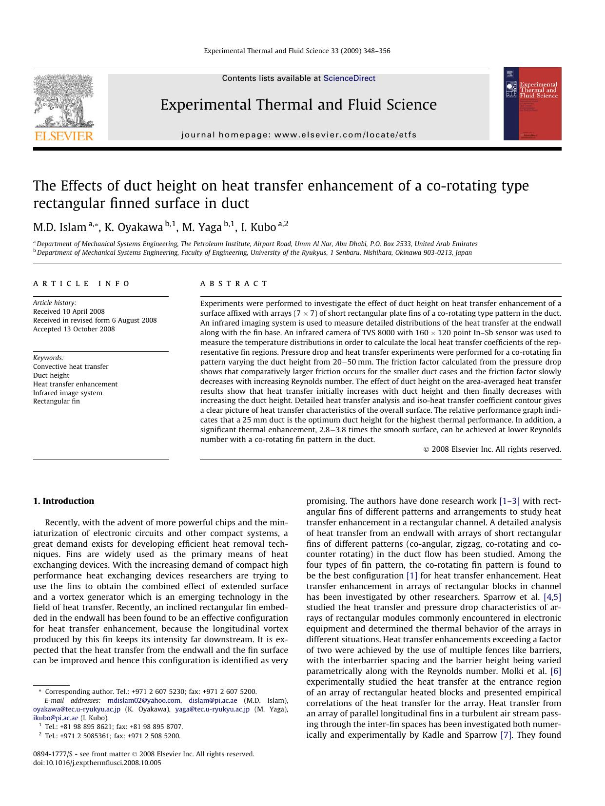 The Effects of duct height on heat transfer enhancement of a co-rotating type rectangular finned surface in duct by M.D. Islam; K. Oyakawa; M. Yaga; I. Kubo